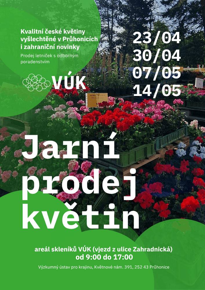 Oznamujeme prodej květin v areálu VÚK, v.v.i., přelom duben/květen.
