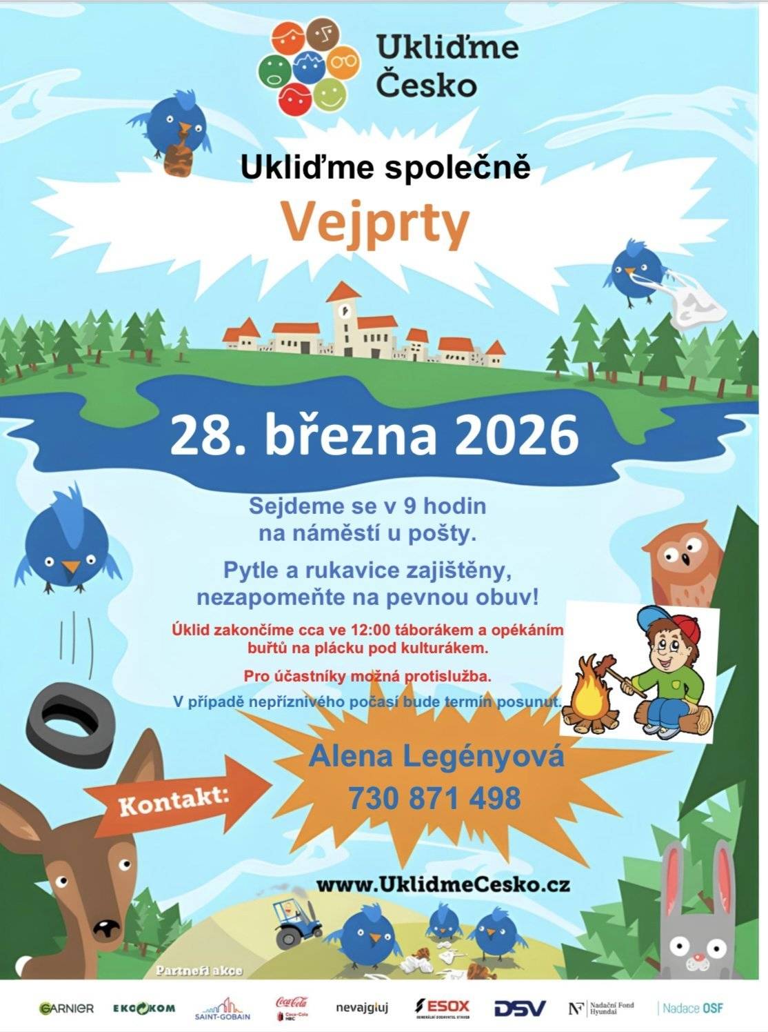 Základní škola ZŠ Vejprty se s radostí připojuje k celostátní iniciativě Ukliďme Česko, a to v rámci místní akce „Ukliďme Vejprty“, která proběhne v sobotu 28. března 2026. Do projektu se zapojujeme ve spolupráci s Město Vejprty a Služby města Vejprty. Společným cílem je přispět k čistšímu a příjemnějšímu prostředí v našem městě Vejprty. V průběhu výuky jsme žáky o této akci informovali a společně jsme si vysvětlili její význam. Povídali jsme si o tom, proč je důležité pečovat o veřejný prostor, jaký dopad má nepořádek na životní prostředí i kvalitu života obyvatel a jak může každý z nás přispět ke změně k lepšímu. Žáci tak získali nejen informace, ale i motivaci aktivně se zapojit. Věříme, že účast na podobných akcích vede k posilování vztahu k místu, kde žijeme, a k rozvoji odpovědného přístupu k životnímu prostředí. Budeme rádi, pokud se k úklidu připojí co nejvíce žáků, rodičů i dalších obyvatel našeho města.