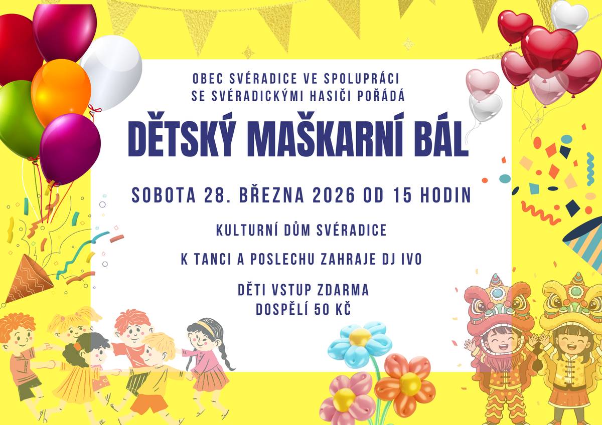 Zveme všechny děti i rodiče na dětský maškarní bál! Uskuteční se v sobotu 28. března v našem kulturním domě a těšit se můžete na odpoledné plné tance, soutěží a zábavy.  Děti mají vstup zdarma, dospělí 50 Kč. Těšíme se na vás!