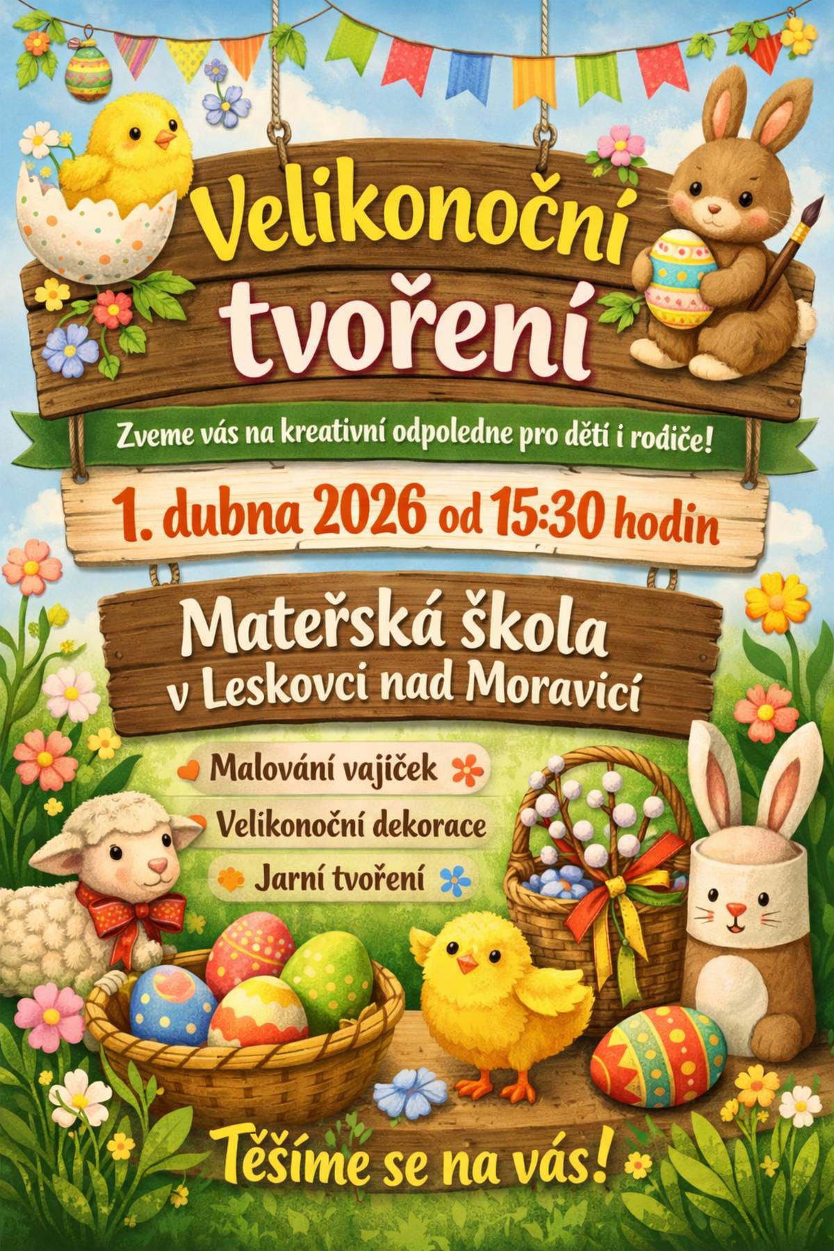 Zveme Vás na akci, která se uskuteční 1. dubna 2026 od 15:30 hodin v Mateřské škole v Leskovci nad Moravicí. Program je určen pro rodiče a mladé lidi, kteří si chtějí užít společně strávený čas. Přijďte si vyzkoušet různé tvořivé aktivity a objevte nové dovednosti. Těšíme se na vaši účast a společné chvíle plné zábavy a inspirace. https://www.leskovecnadmoravici.eu/akce-a-volny-cas/kalendar-akci/velikonocni-tvoreni-771_408cs.html