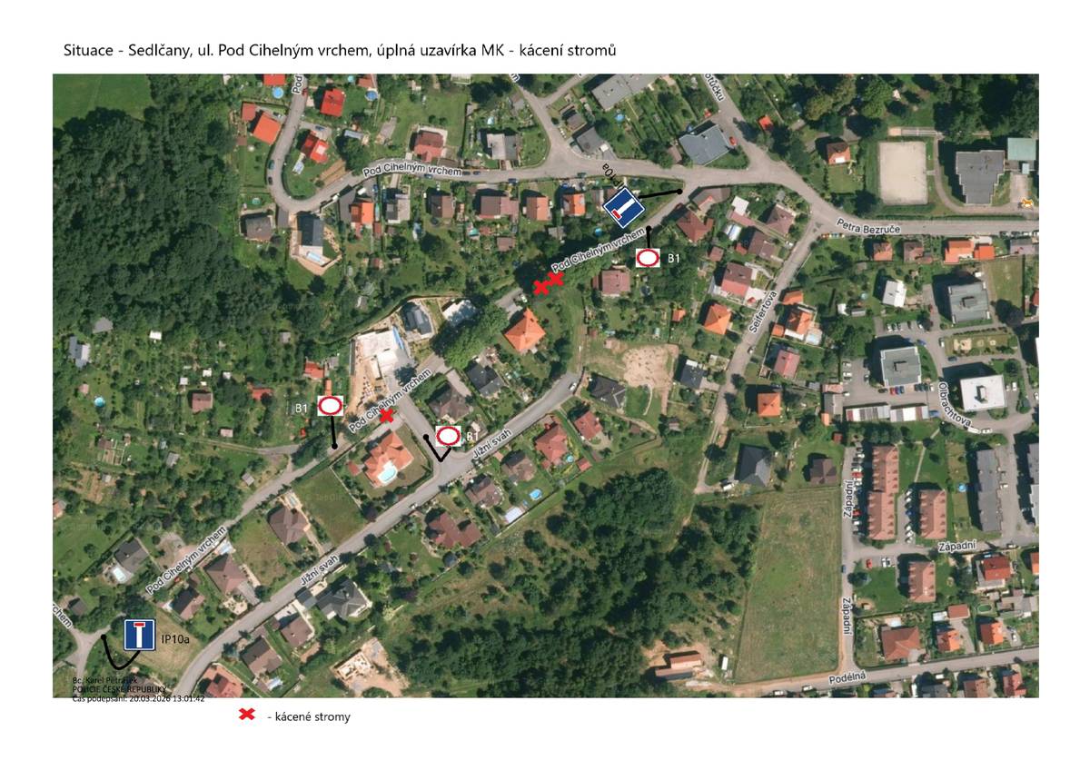 📍 Ulice Pod Cihelným vrchem, Sedlčany 📅 Termín: 30. 3. – 31. 3. 2026 Z důvodu kácení stromů a umístění pracovní plošiny bude ulice Pod Cihelným vrchem dočasně zcela uzavřena. ➡️ Opatření je zavedeno z důvodu zajištění bezpečnosti silničního provozu. ➡️ V místě bude instalováno přechodné dopravní značení. 🚗 Prosíme řidiče, aby respektovali dopravní značení a dbali zvýšené opatrnosti. Děkujeme za pochopení.