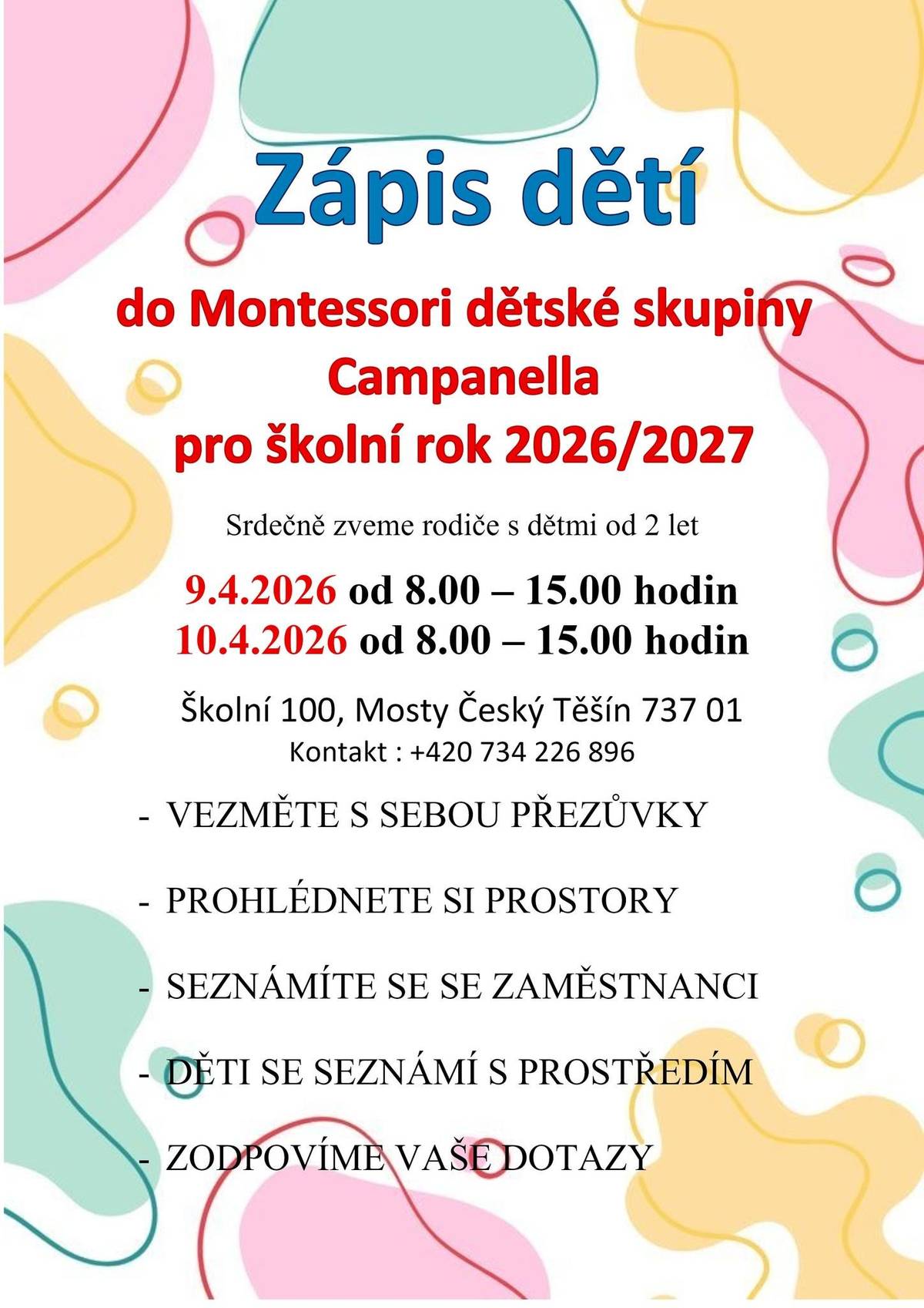 Montessori dětská skupina Campanella přímá od září 2026 nové zájemce.