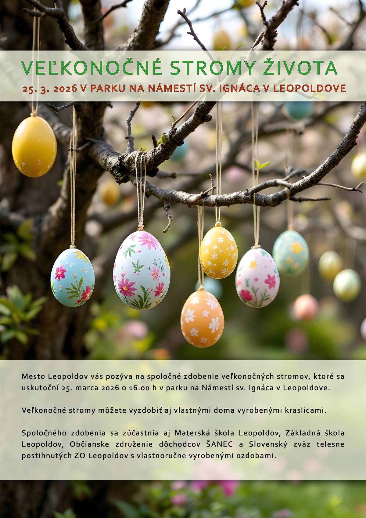 Pripomíname, že už zajtra budeme pokračovať v jarných aktivitách v našom meste, ozdobíme veľkonočné stromy na námestí.