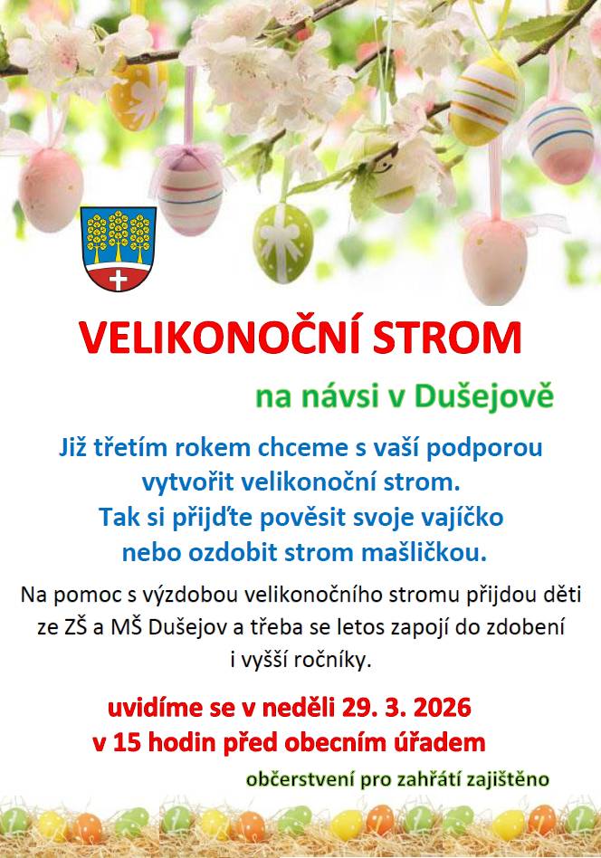 Již tuto neděli 29.3.2026 si opět po roce společně před obecním úřadem ozdobíme velikonoční strom. Namalujte velikonoční vajíčko a přijďte ho pověsit na strom a nebo se přijďte jen setkat. Na všechny se moc těšíme.