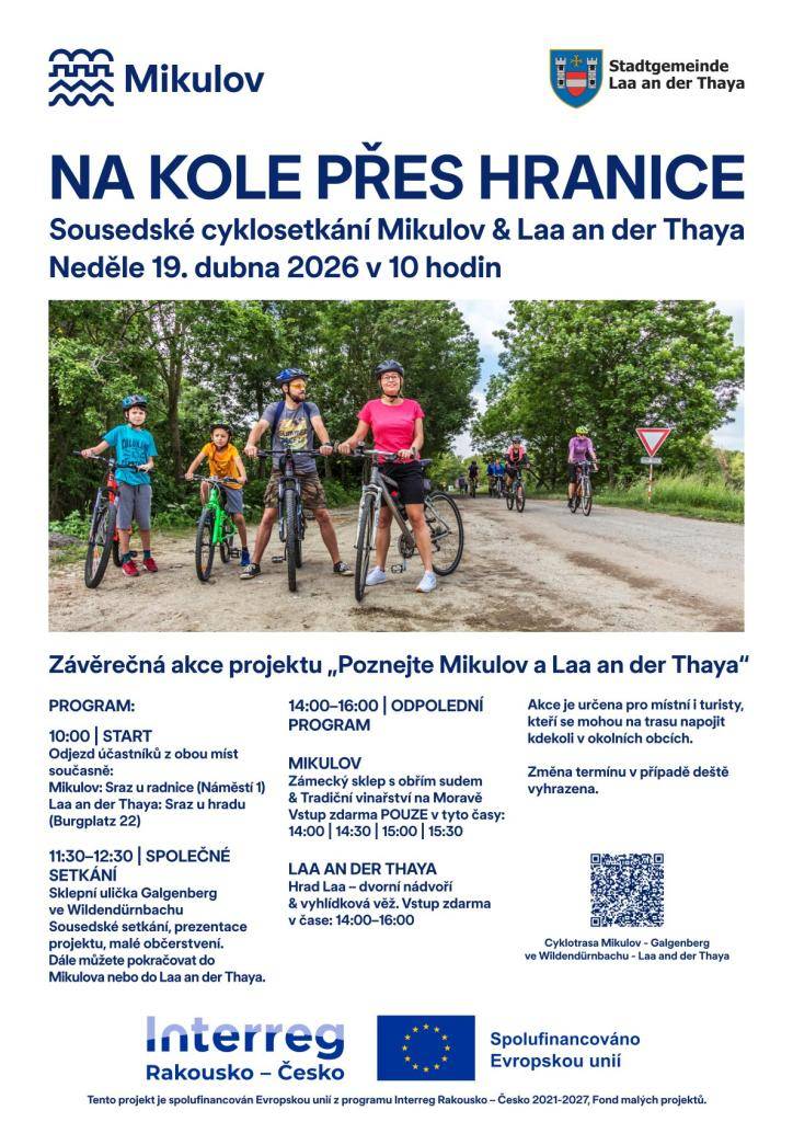 Město Mikulov a Laa an der Thaya zvou milovníky cykloturistiky na závěrečnou akci "Poznejte Mikulov a Laa an der Thaya", která se uskuteční v neděli 19.4.2026 od 10 hodin.