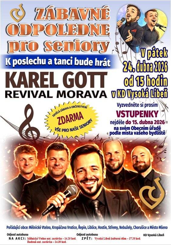 Zábavné odpoledne pro seniory se koná v pátek 24.4.2026 od 15.00 hod. v KD Vysoká Libeň.
