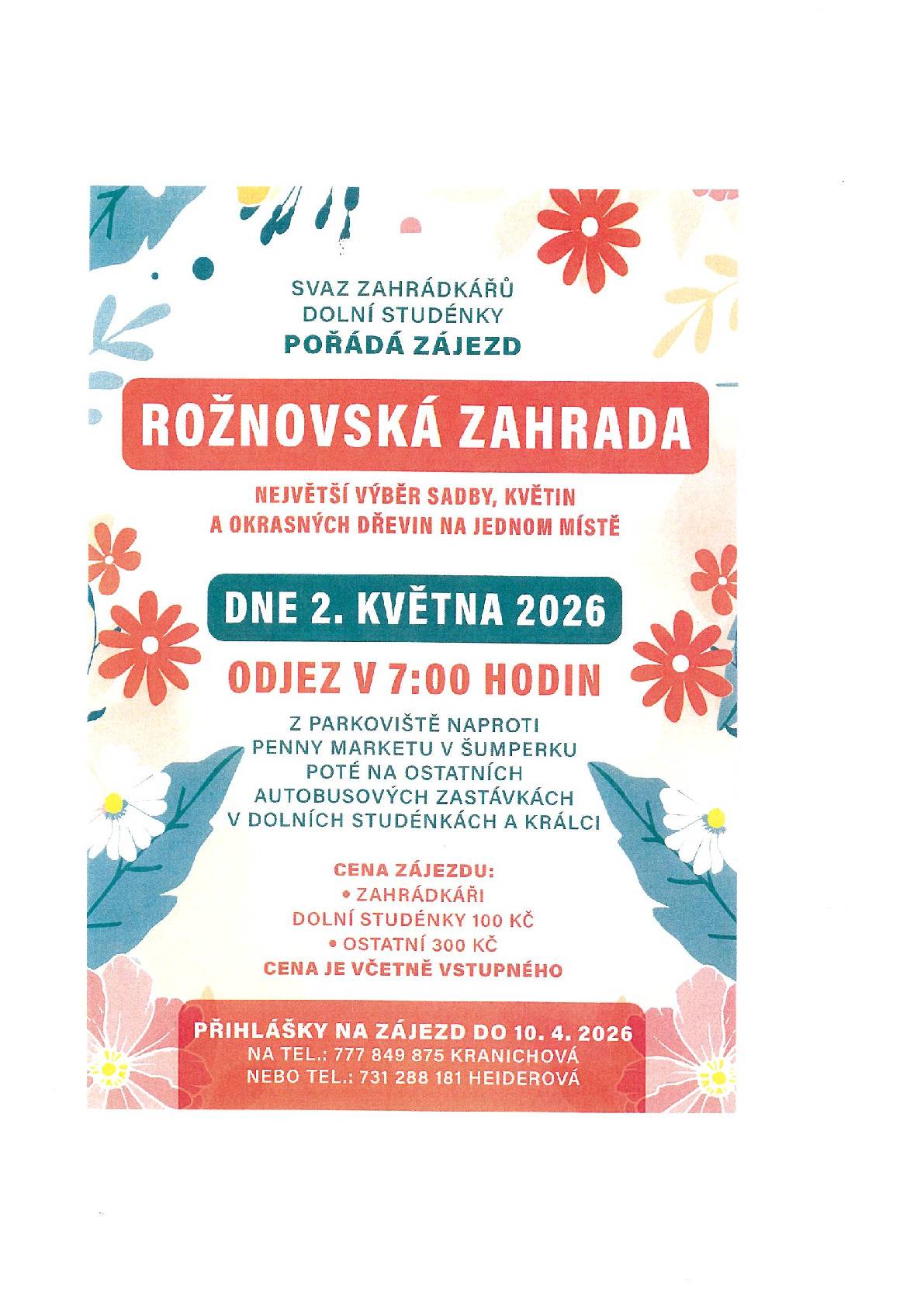 Svaz zahrádkářů Dolní Studénky zve občany na zájezd do Rožnovské zahrady dne 2.5.2026.