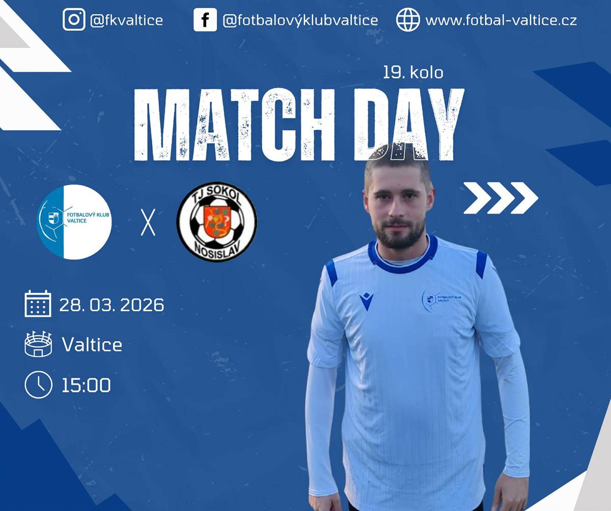 FK Valtice zve své příznivce na další domácí utkání jarní části sezóny proti TJ Sokol Nosislav. ⚽ Sobota 28. 3. 2026 15:00 FK VALTICE - TJ Sokol Nosislav Přijďte podpořit a povzbudit naše hráče! Budeme se těšit, občerstvení zajištěno. 🍺  ⚠️Jelikož v areálu probíhají práce na kabinách, dbejte prosím zvýšené bezpečnosti. ⚠️