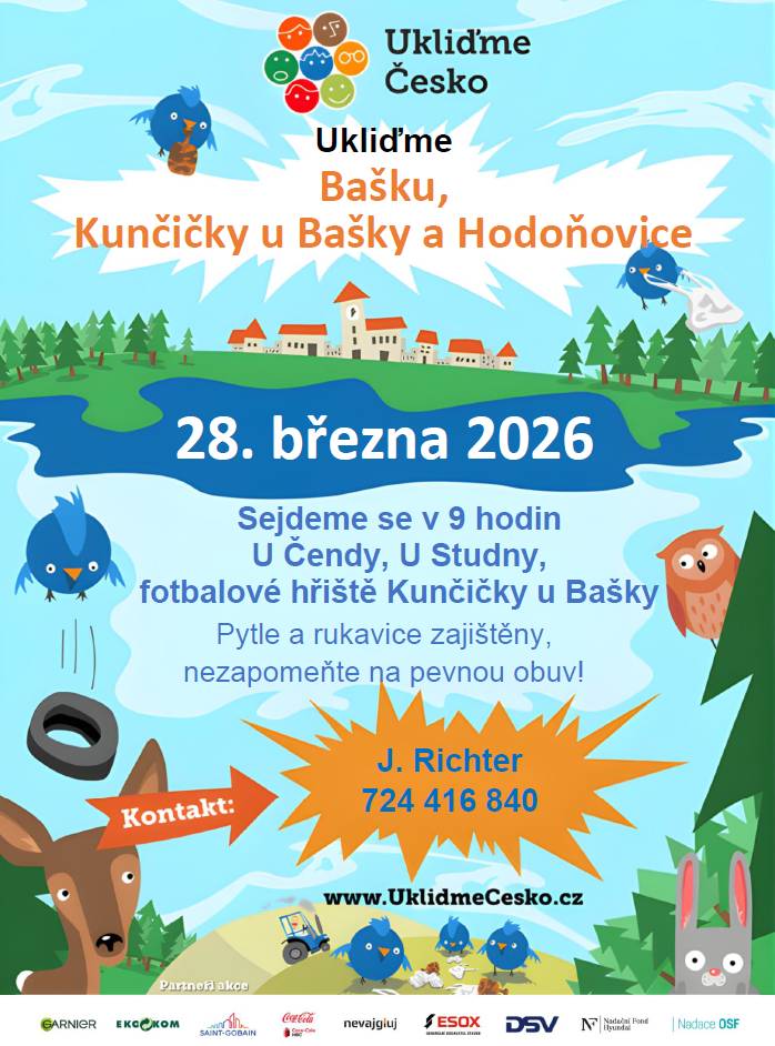 ♻️ Pojďte s námi uklidit Bašku! Opět se připojujeme k celorepublikové akci Ukliďme Česko - přidat se můžete už v sobotu 28. března od 9:00 na celkem třech stanovištích: 💧 Hospoda U Studny v Bašce 🤸♂️ Fotbalové hřiště v Kunčičkách u Bašky 🍻 Hostinec U Čendy v Hodoňovicích 🧤 Rukavice pro jistotu přibalte s sebou, pytle máme zajištěny. 🍗 Pro všechny dobrovolníky bude připraveno něco na zub. 😍 Děkujeme vám, každá ruka se počítá!