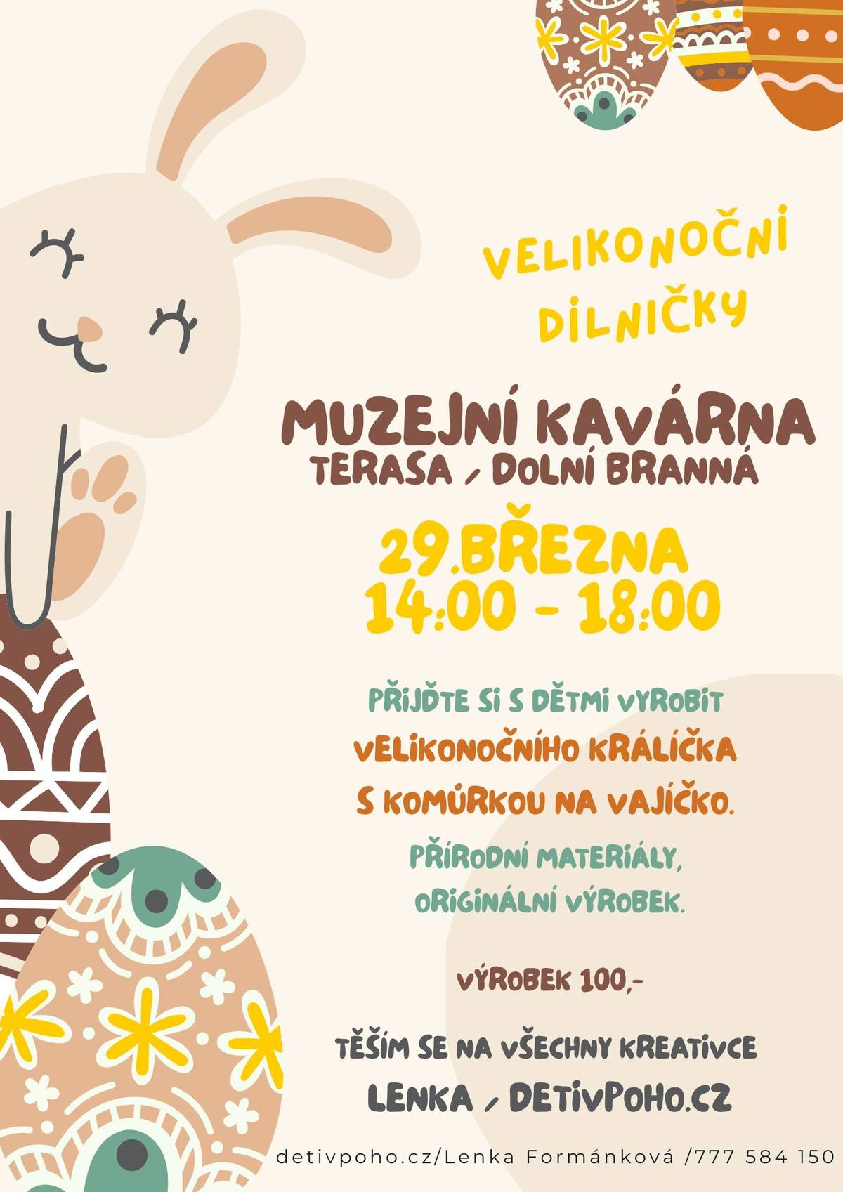 V neděli 29. března se na terase Muzejní kavárny čp. 1 v Dolní Branné uskuteční velikonoční dílničky pro děti. Od 14:00 do 18:00 si zde mohou děti vyrobit velikonočního králíčka z přírodního materiálu. Cena za výrobek činí 100 Kč.