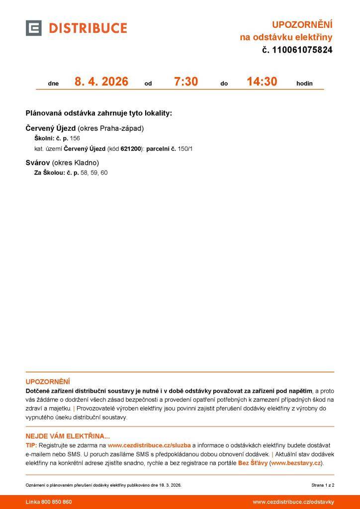 Oznámení o přerušení dodávky elektrické energie dne 8.4.2026