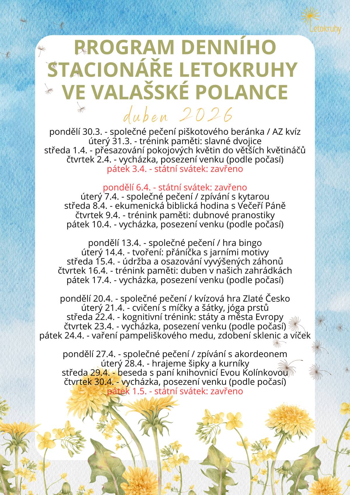 Program aktivit Denního stacionáře Letokruhy ve Valašské Polance na duben 2026.
