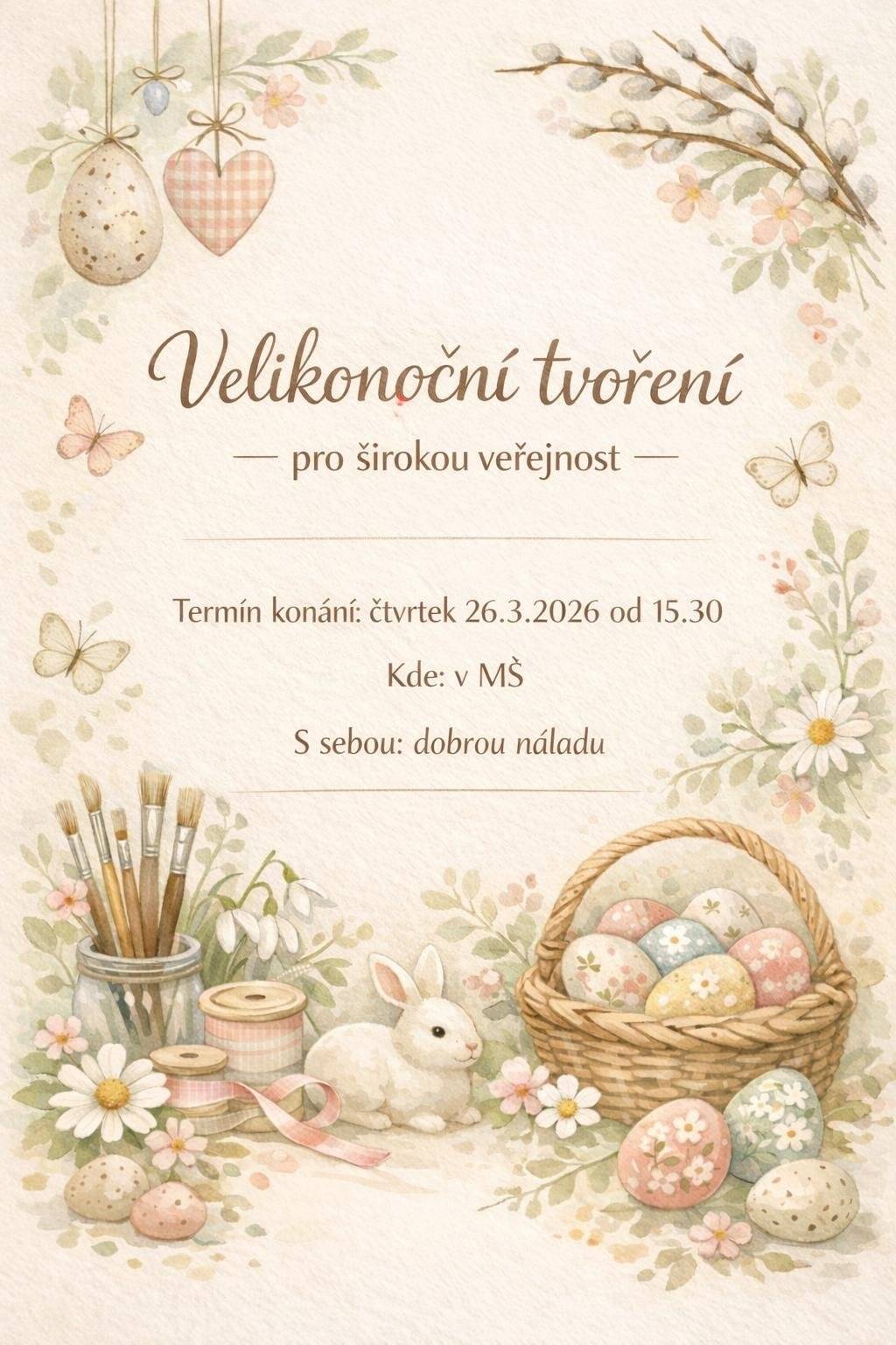 Mateřská škola Karolín, zve srdečně všechny, na velikonoční tvoření. A to již ve čtvrtek, 26.3 od 15:30 hodin, v budově MŠ Karolín. Všechny srdečně zve kolektiv MŠ Karolín.