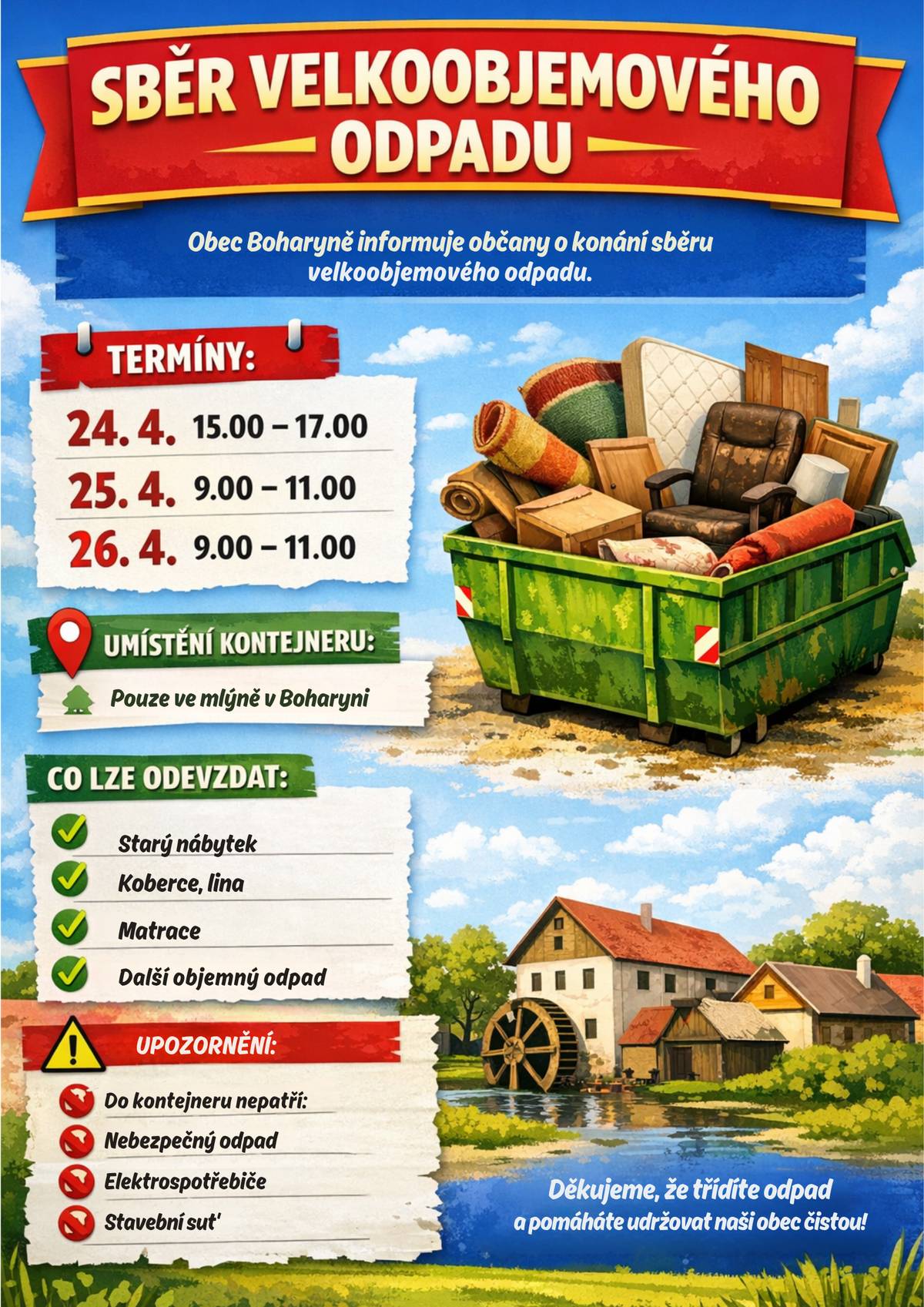 Sběr bude probíhat ve mlýně v Boharyni. Více informací naleznete v letáku.