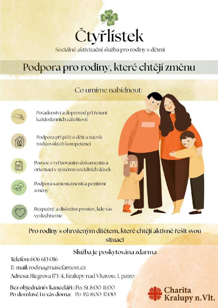 Vážení občané, Charita Kralupy nad Vltavou nabízí spolupráci v oblasti podpory rodin. Více informací v přiloženém letáčku.