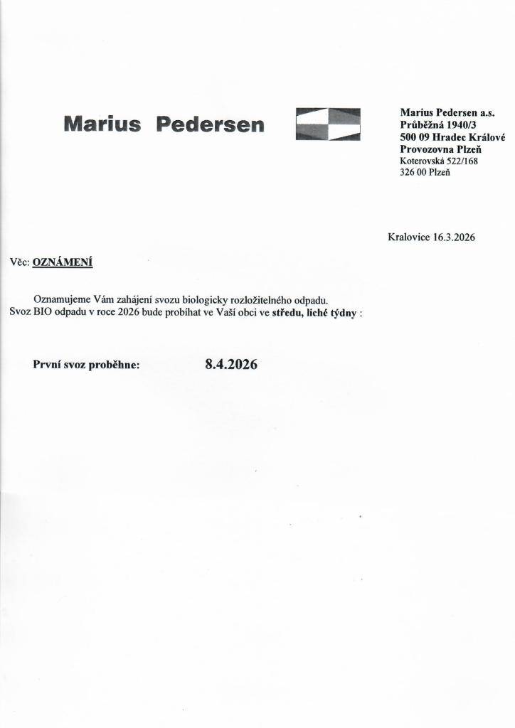 První svoz BIO odpadu se uskuteční ve středu 8.4.2026 a následně bude probíhat vždy ve středu - liché týdny
