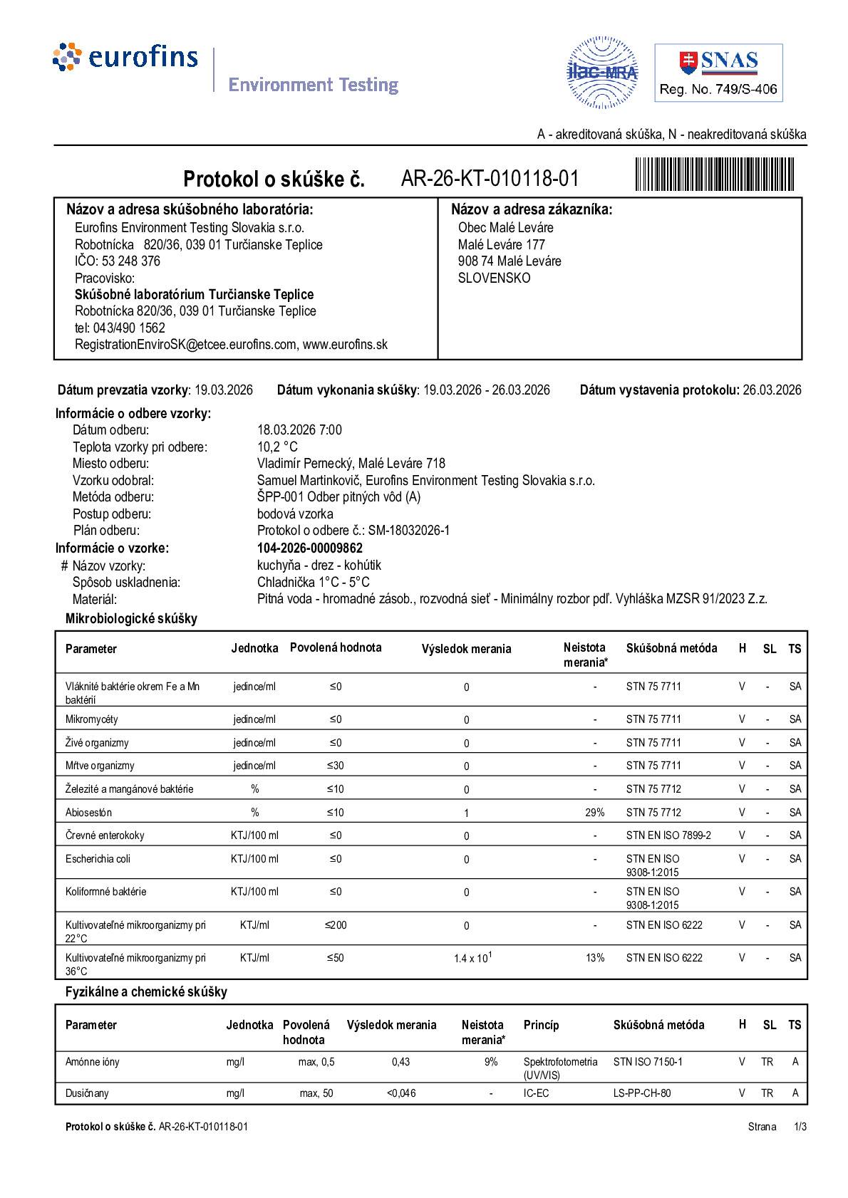 Dňa 18.03.2026 bol uskutočnený ďalší rozbor pitnej vody v obci, tentokrát v rodinnom dome č. 718. Na základe vykonaného rozboru je pitná voda v poriadku a spĺňa všetky stanovené limity.   Všetky rozbory pitnej vody zverejňujeme na webe obce: https://www.malelevare.sk/obcan/obecny-vodovod/rozbory-pitnej-vody/