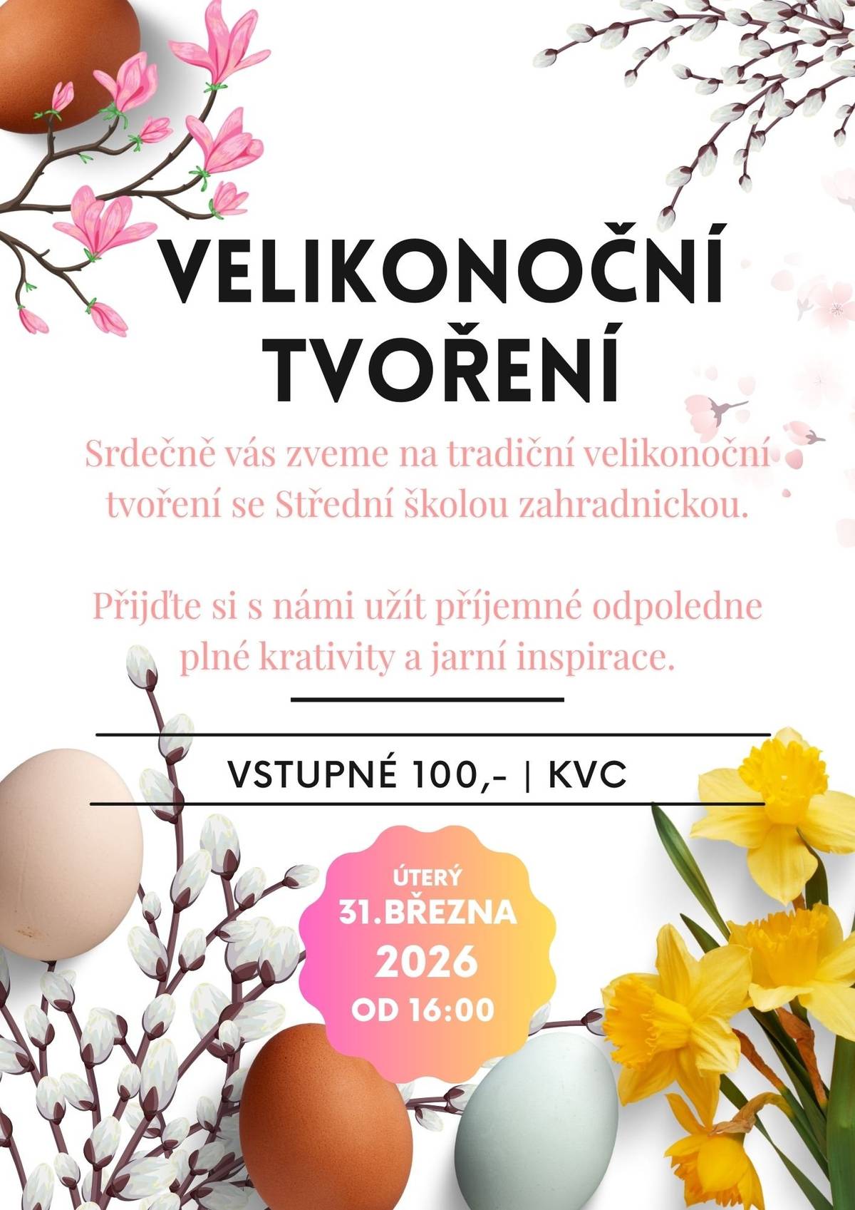 Přijďte si s námi užít kouzelné jarní odpoledne plné kreativity, inspirace a velikonoční atmosféry. 🐣🌷 Společně se Střední školou zahradnickou jsme pro vás připravili tradiční velikonoční tvoření, kde si vytvoříte krásné dekorace a načerpáte jarní energii. ✨ Čeká vás příjemné tvoření ✨ Inspirace na velikonoční výzdobu ✨ Pohodová atmosféra 📅 Úterý 31. března 2026 🕓 od 16:00 💰 Vstupné: 100 Kč / KVC Těšíme se na vás! 💛