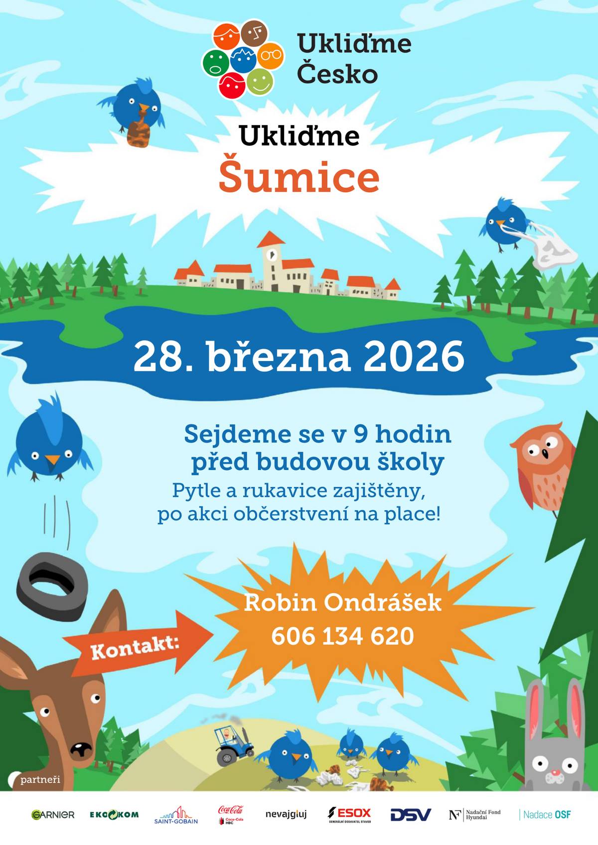 Srdečně vás zveme na společný úklid naší obce v rámci akce Ukliďme Šumice, která proběhne v sobotu 28. března. Sraz dobrovolníků je v 9:00 hodin před budovou školy. Pytle i rukavice pro vás máme připraveny a po práci se můžete těšit na zasloužené občerstvení. Případné dotazy směřujte na pana Robina Ondráška na čísle 606 134 620. Pojďme společně udělat naše Šumice krásnější. Těšíme se na vás!“