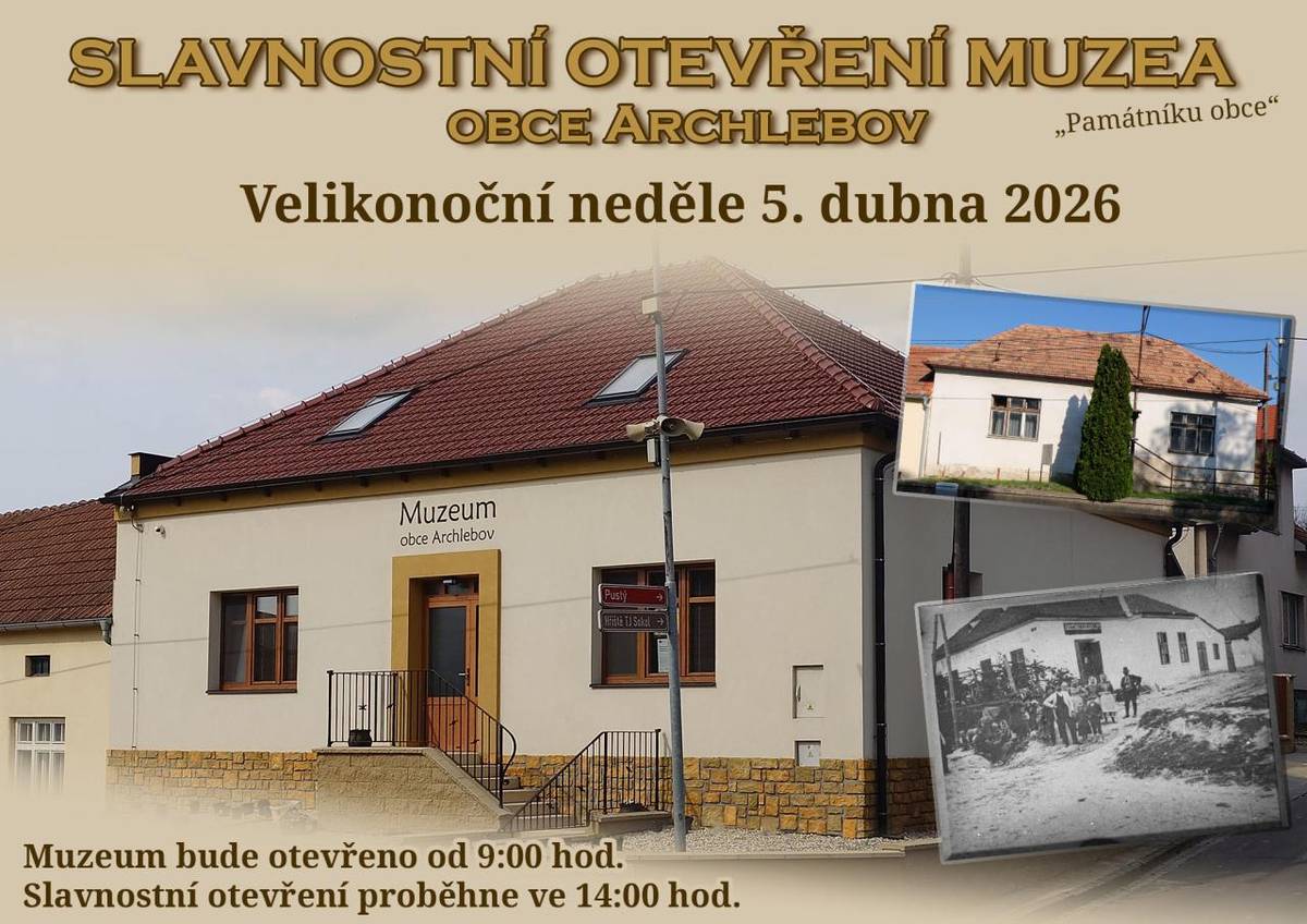 Po rozsáhlé rekonstrukci Vás srdečně zveme na slavnostní otevření muzea, které představí historii naší obce i proměnu samotné budovy.  - Velikonoční neděle 5. dubna 2026  - Muzeum otevřeno od 9:00 hod.  - Slavnostní otevření ve 14:00 hod.