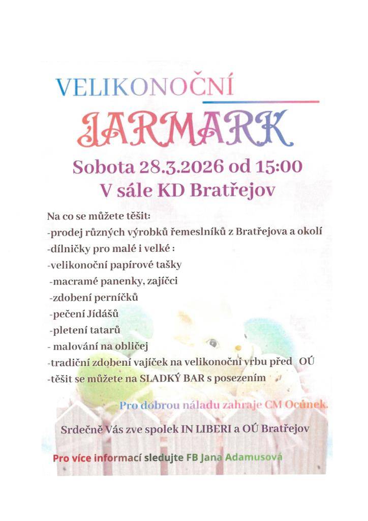 VELIKONOČNÍ JARMARK 28.3.2026 od 15ti hodin - prodej výrobků spojený s tvůrčími dílnami nejen pro děti a také pletením tatarů.