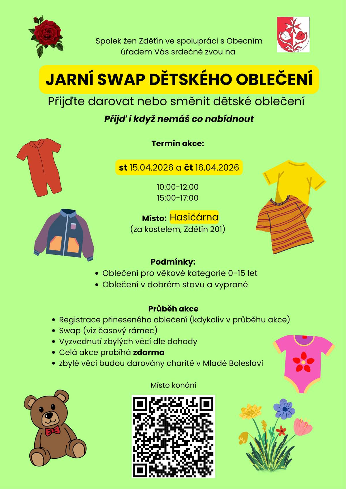 Spolek žen Zdětín vás srdečně zve na jarní swap dětského oblečení. Přijďte darovat nebo si vyměnit oblečení pro děti ve věku 0-15 let. Akce proběhne 15. a 16. dubna v hasičárně (za kostelem). Přijít můžete i bez vlastního oblečení, vše je zdarma. Těšíme se na vás! Kompletní informace naleznete v příloze nebo na webových stránkách obce v sekci Aktuálně z Munipolis.