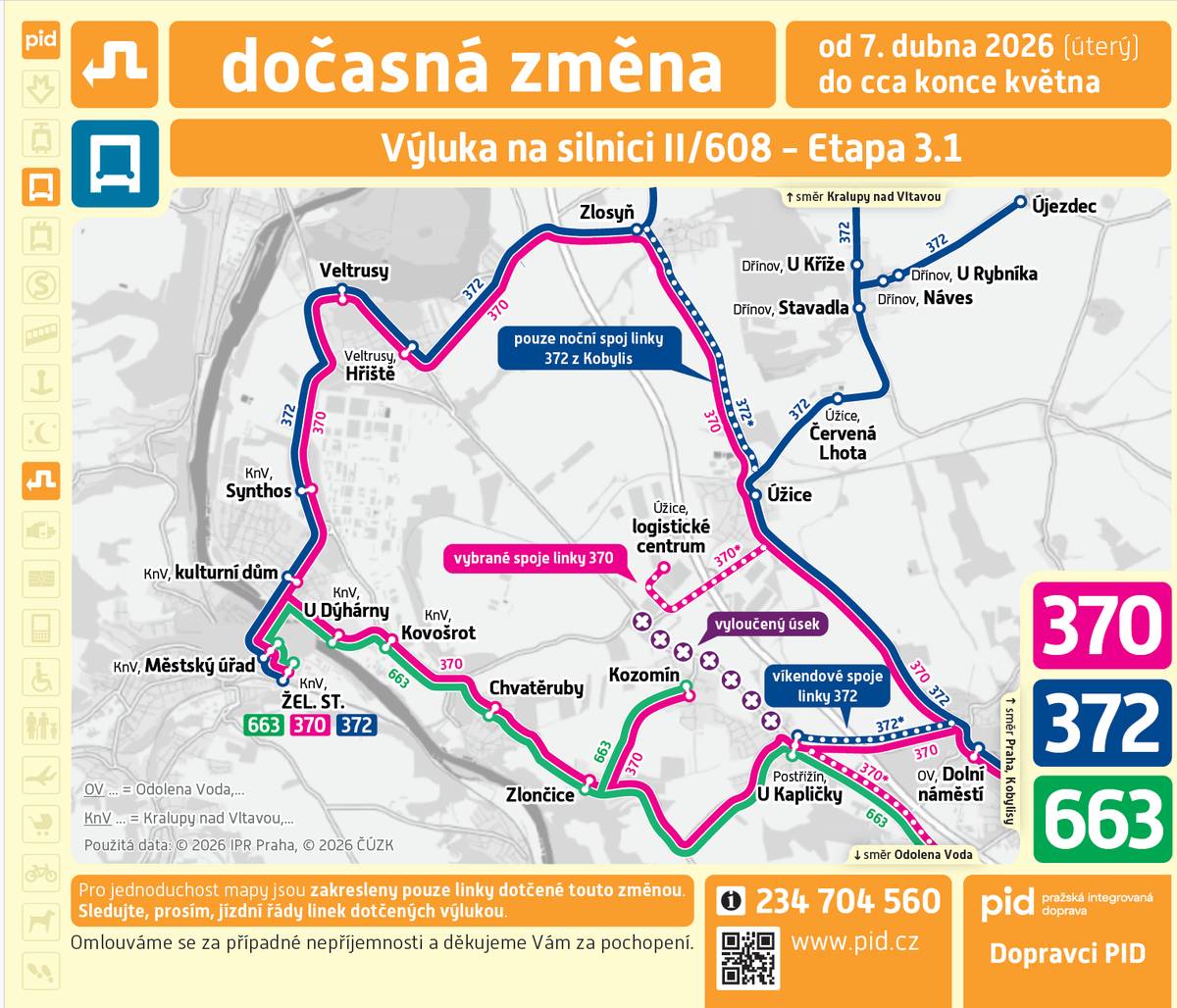 !!! PID - výluka na silnici II/608 S největší pravděpodobností začne od úterý 7.4.2026 poslední etapa rekonstrukce silnice II/608. Tato akce ovlivní provoz linek 370, 663 a částečně i 372. V příloze zasíláme schéma výlukových tras a níže zasíláme JŘ platné od 7.4. cca do poloviny května, kdy dojde ke změně kvůli zprovoznění kruhových objezdů na II/608 u logistických areálů.   370: https://pid.cz/zastavkove-jizdni-rady/?cid=370&from=1772319600&type=busreg 372: https://pid.cz/zastavkove-jizdni-rady/?cid=372&from=1775512800&type=busreg 663:https://pid.cz/zastavkove-jizdni-rady/?cid=663&from=1775512800&type=busreg   Petr Koukolíček, starosta obce