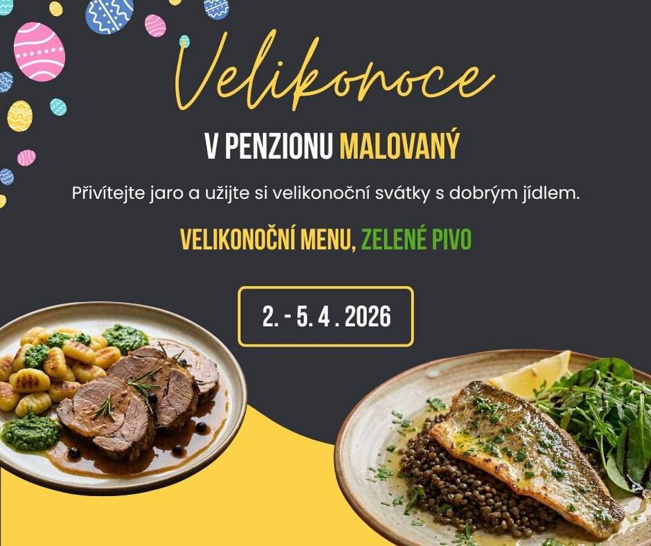 Penzion Malovaný Osvětimany Vás zve na Velikonoční speciality ve dnech 2. - 5.4.2026, kde vás kromě zeleného piva na Zelený Čtvrtek čeká spousta Velikonočních dobrot. Více informací na sociálních sítích nebo na telefonu 725970286.