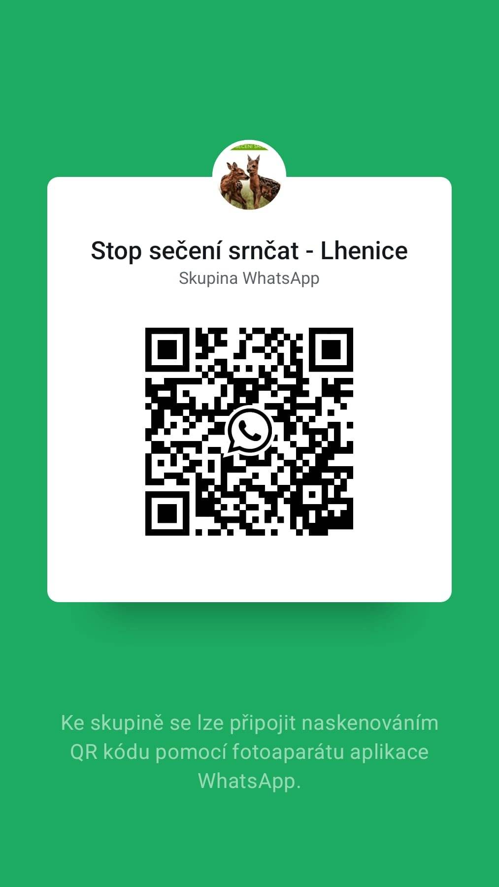 Máte rádi přírodu a zvířata? Chcete zažít ten pocit, kdy zachráníte (nejen) srnčata před jistou smrtí pod žacím strojem? Tak právě pro Vás je whatsappová skupina "Stop sečení srnčat - Lhenice", kterou založil Myslivecký spolek Lhenice. Jak jsme Vás již v minulosti informovali v našem zpravodaji či na sociálních sítích, lheničtí myslivci ve spolupráci s místními zemědělci aktivně vyhledávají za pomoci dronu s termovizí srnčata a další mláďata před jistou smrtí pod sekačkou. Tento dron byl pořízen z dotačních prostředků Nadace ČEZ a dalšich sponzorských subjektů. Vzhledem ke kladnému postoji a zájmu našich obyvatel byla zřízena tato skupina, kde budou průběžně uveřejňovány termíny senosečí, kterých se členové skupiny budou moci účastnit.  Pro nové účastníky je potřebné zmínit, že kromě zájmu pomoci, budete potřebovat také gumovky a pracovní či jednorázové rukavice, je potřebné počítat s tim, ze se budete pohybovat v travině, často vysoké do pasu.  S konkrétním postupem budete vždy seznámení členy Mysliveckého spolku.Záchranné akce probihaji vždy brzo ráno v čase 05:00 - 6:30 hod. a konkrétní místo srazu bude vždy uveřejněno. Do skupiny je možné se přidal prostřednictvím níže uvedeného QR kódu. Předem děkujeme všem zájemcům za spolupráci!