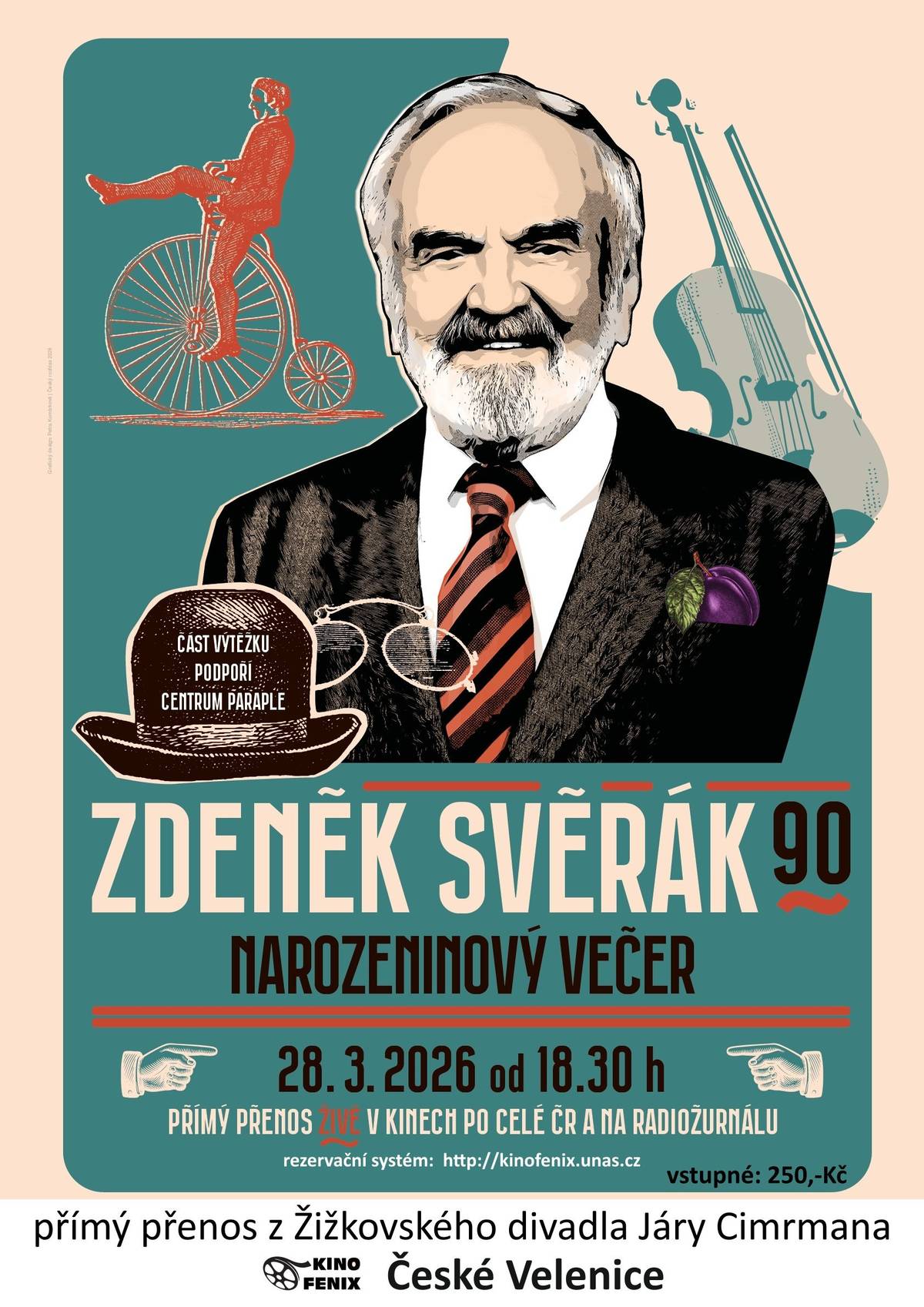 🎩✨ ZDENĚK SVĚRÁK 90 – Narozeninový večer LIVE v kině FENIX! ✨🎩 Devadesát let legendy, která rozdávala radost celým generacím. Přijďte prožít výjimečný narozeninový večer Zdeňka Svěráka v přímém přenosu ze Žižkovského divadla Járy Cimrmana – společně, na velkém plátně a ve slavnostní atmosféře. Čeká vás humor, moudrost, laskavost i vzpomínky na nezapomenutelné filmové a divadelní momenty. Večer, který se nebude opakovat. 💛 📅 28. března 2026 🕡 od 18:30 hodin 📍 Kino FENIX, České Velenice 🎟 Vstupné 250 Kč 🎫 Rezervace: http://kinofenix.unas.cz Část výtěžku navíc podpoří Centrum Paraple. Buďte u toho. Takové jubileum si zaslouží společný potlesk ve stoje. 👏✨