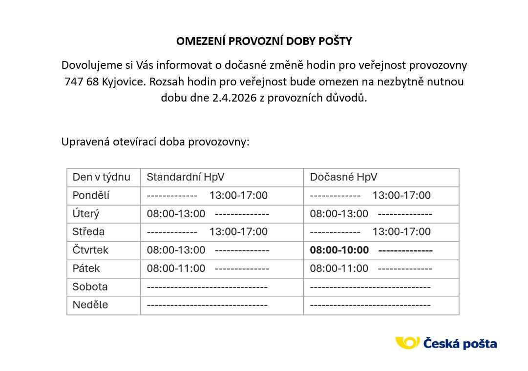 Omezení provozní doby pošty.