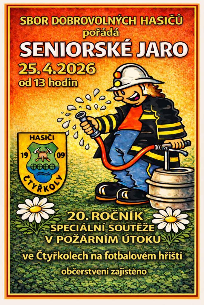 V sobotu 25.4. od 13 hodin proběhne ve Čtyřkolech na hřišti ve Vávrovkách již 20. ročník speciální soutěže v požárním útoku pro dřívě narozené hasiče. Pořádá místní SDH, občerstvení zajištěno.