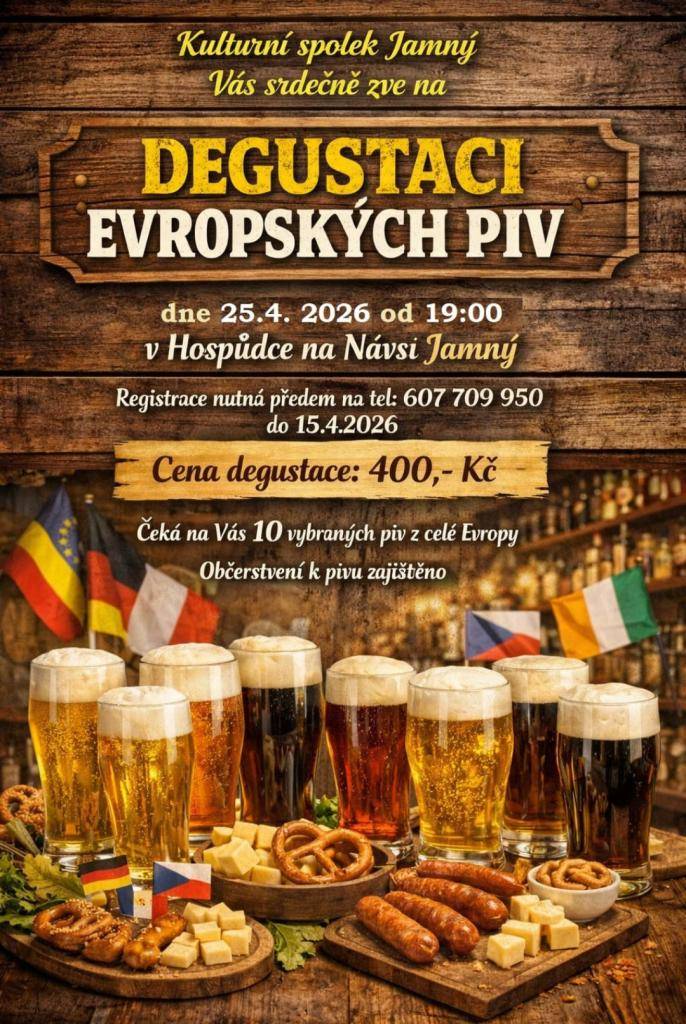 Přijďte na degustaci evropských piv, která se uskuteční 25. dubna 2026 od 19:00 v Jamném. Tato akce je určena pro všechny milovníky piva a nabízí možnost ochutnat různé styly a značky evropských piv.
