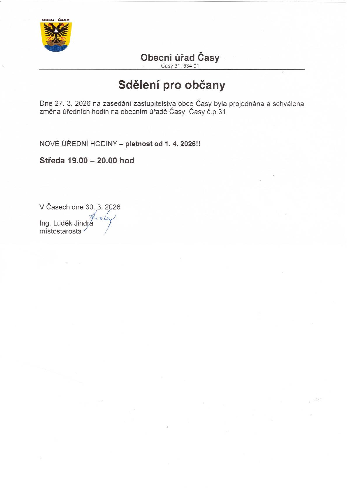 OÚ Časy - změna úředních hodin viz. příloha.