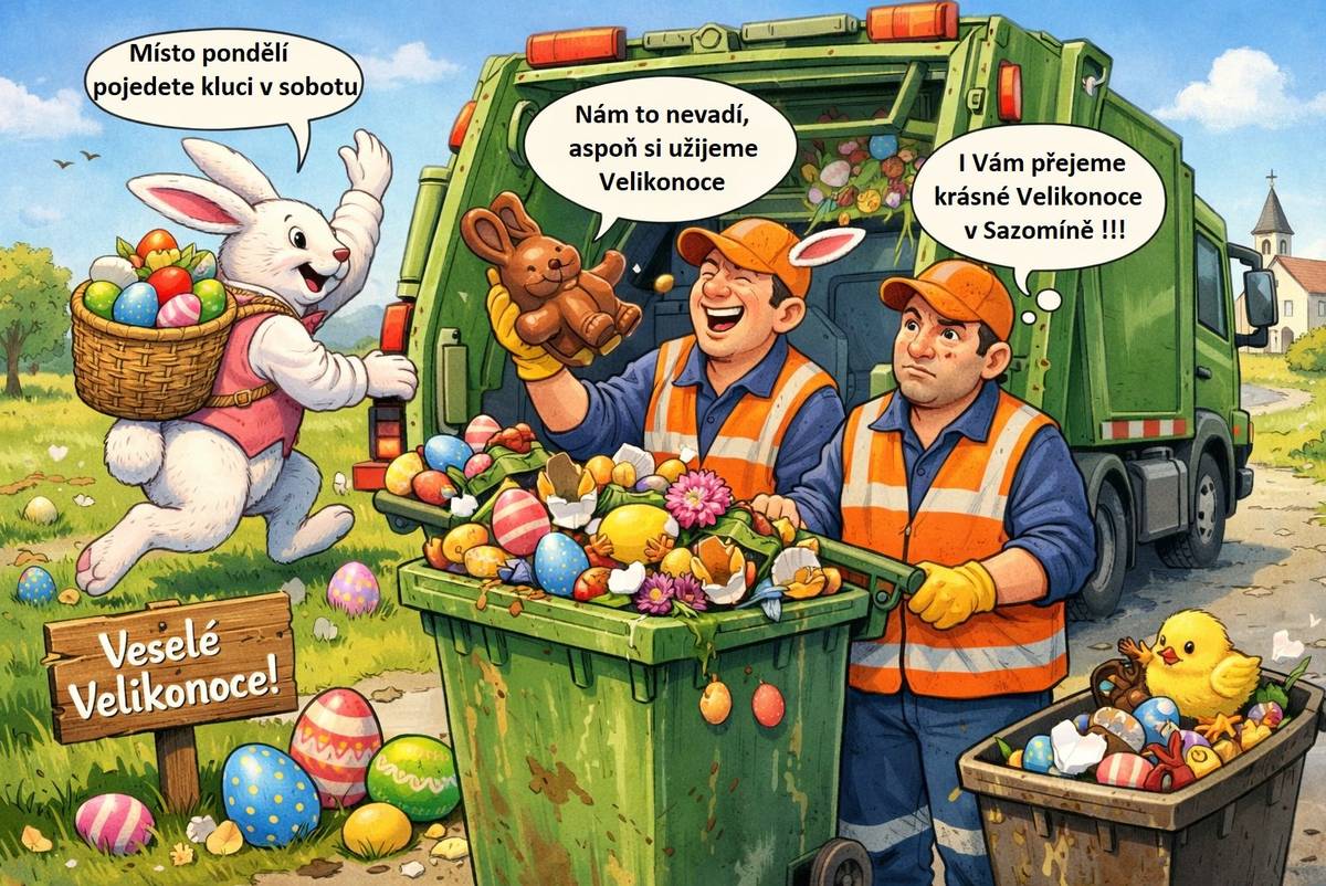 Sazomin: Spolecnost Ave - CZ oznamuje, ze z duvodu Velikonoc bude svoz komunalniho odpadu jiz v sobotu 04.04.2026 (misto pondeli). Dekujeme.