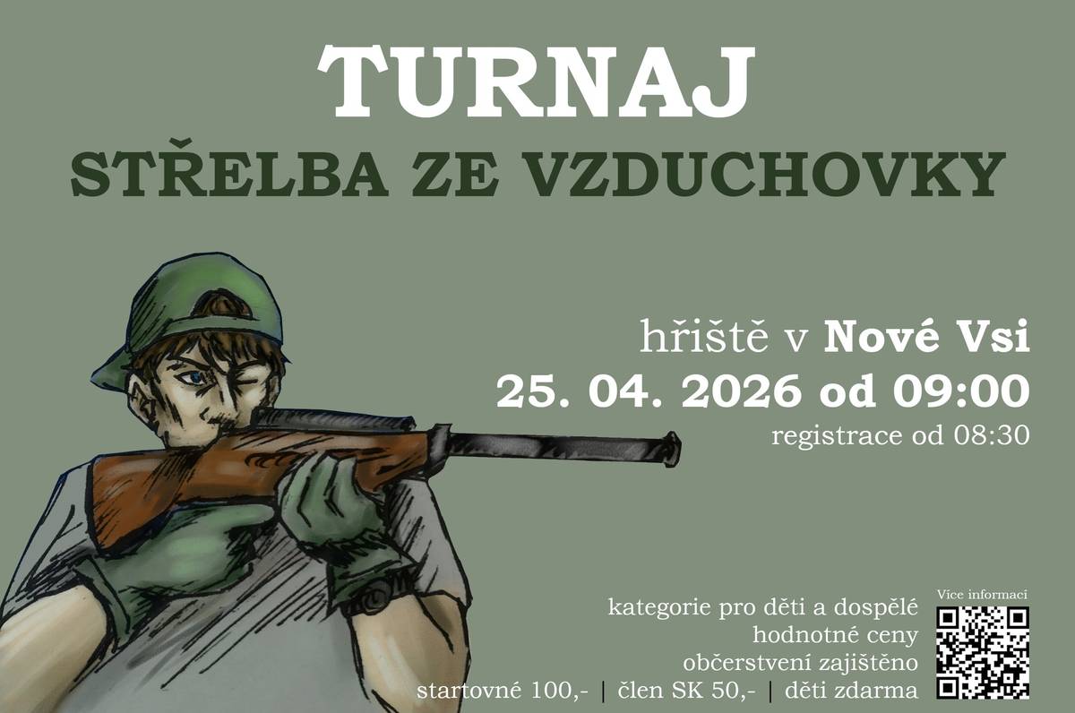 SK Nová Ves 2024 z.s. zve všechny ostrostřelce na 3. ročník turnaje ve střelbě ze vzduchovky, který se koná na sportovním hřišti v Nové Vsi dne 25. dubna 2026 od 09:00.  Registrace účastníků již od 08:30.     - kategorie pro děti a dospělé - hodnotné ceny pro nejlepší střelce - občerstvení zajištěno - startovné 100,- Kč | člen SK 50,- | děti zdarma     Povolené jsou vzduchovky s pevnými mířidly o výkonu do 16 J, ráže 4.5 mm. Podrobnější pravidla budou upřesněna na místě.
