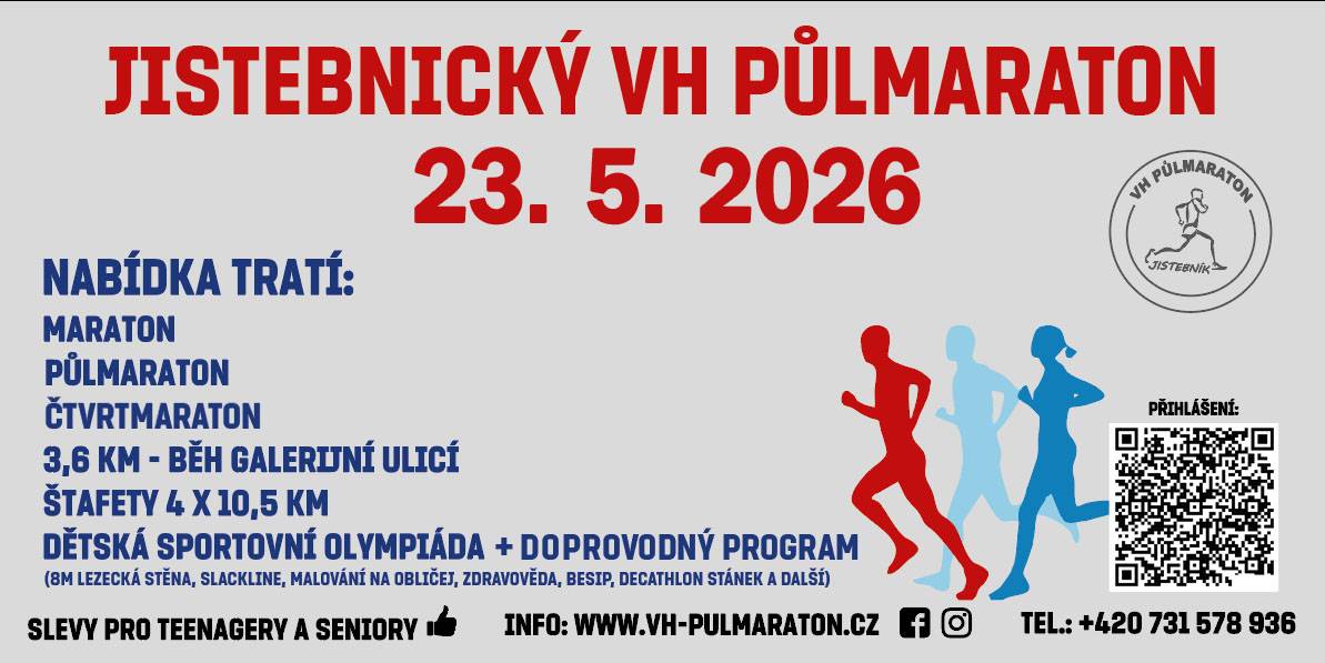 Jistebnický Vh Půlmaraton se uskuteční v neděli 23. 5. 2026 a nabízí velký výběr závodních tratí. Pro mladé sportovce je připravena Dětská sportovní olympiáda s doprovodným programem, který zahrnuje lezení na stěně, slackline, malování na obličej a další aktivity. více viz plakát.