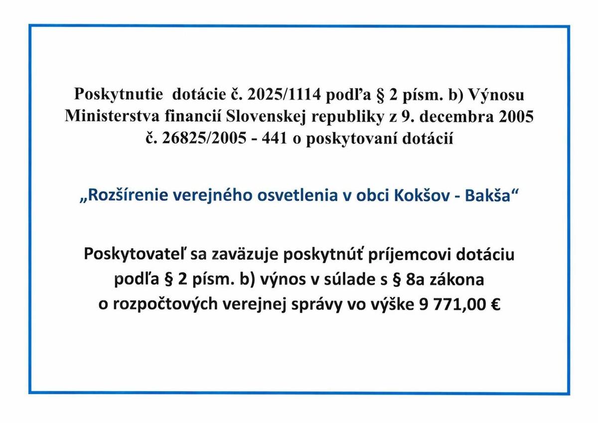 Kokšov-Bakša rozšírila verejné osvetlenie vďaka dotácii z MF SR