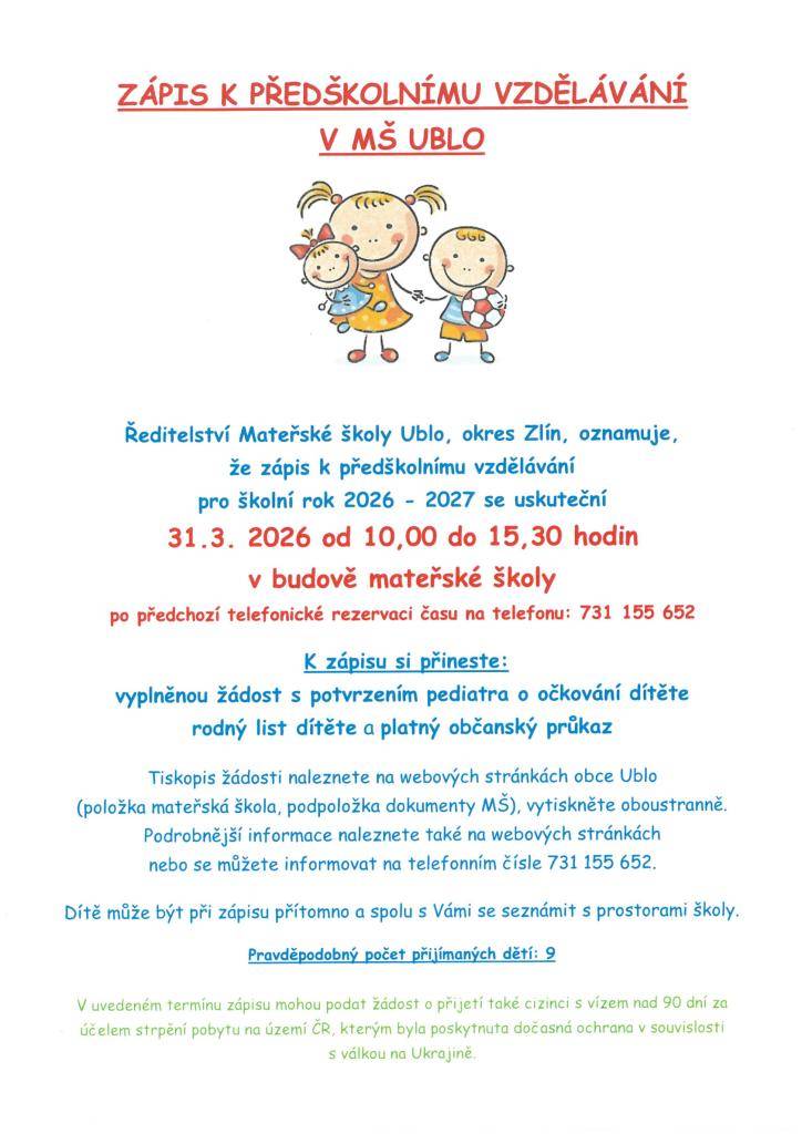 Zápis dětí do mateřské školy v Uble se uskuteční 31.3.2026 od 10ti do 15:30hod