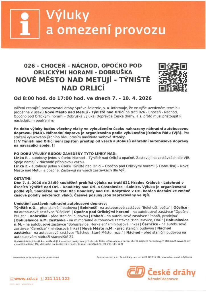 Choceň - Náchod - Opočno - Dobruška - NMnM - Týniště