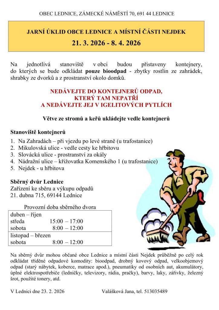 Jarní úklid naší obce probíhá ve dnech 21. 03. 2026 - 08.04.2026.