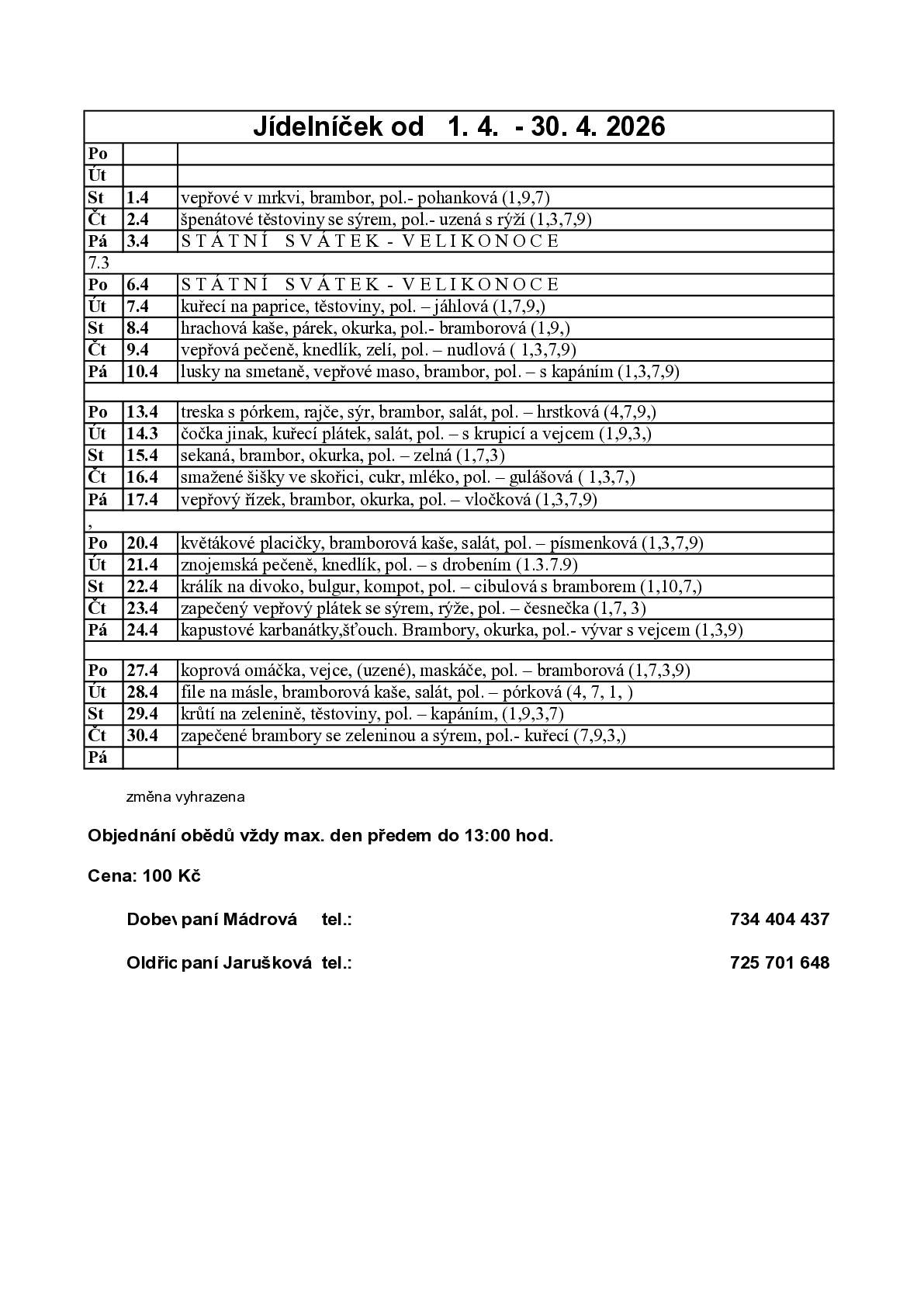 Jídelníček MŠ Dobev a Oldřichov : duben 2026