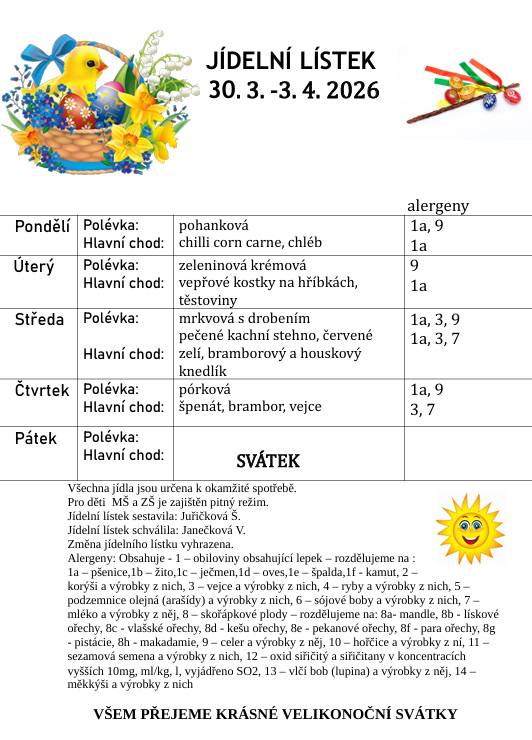 Jídelní lístek od 30. 3. do 3. 4. 2026