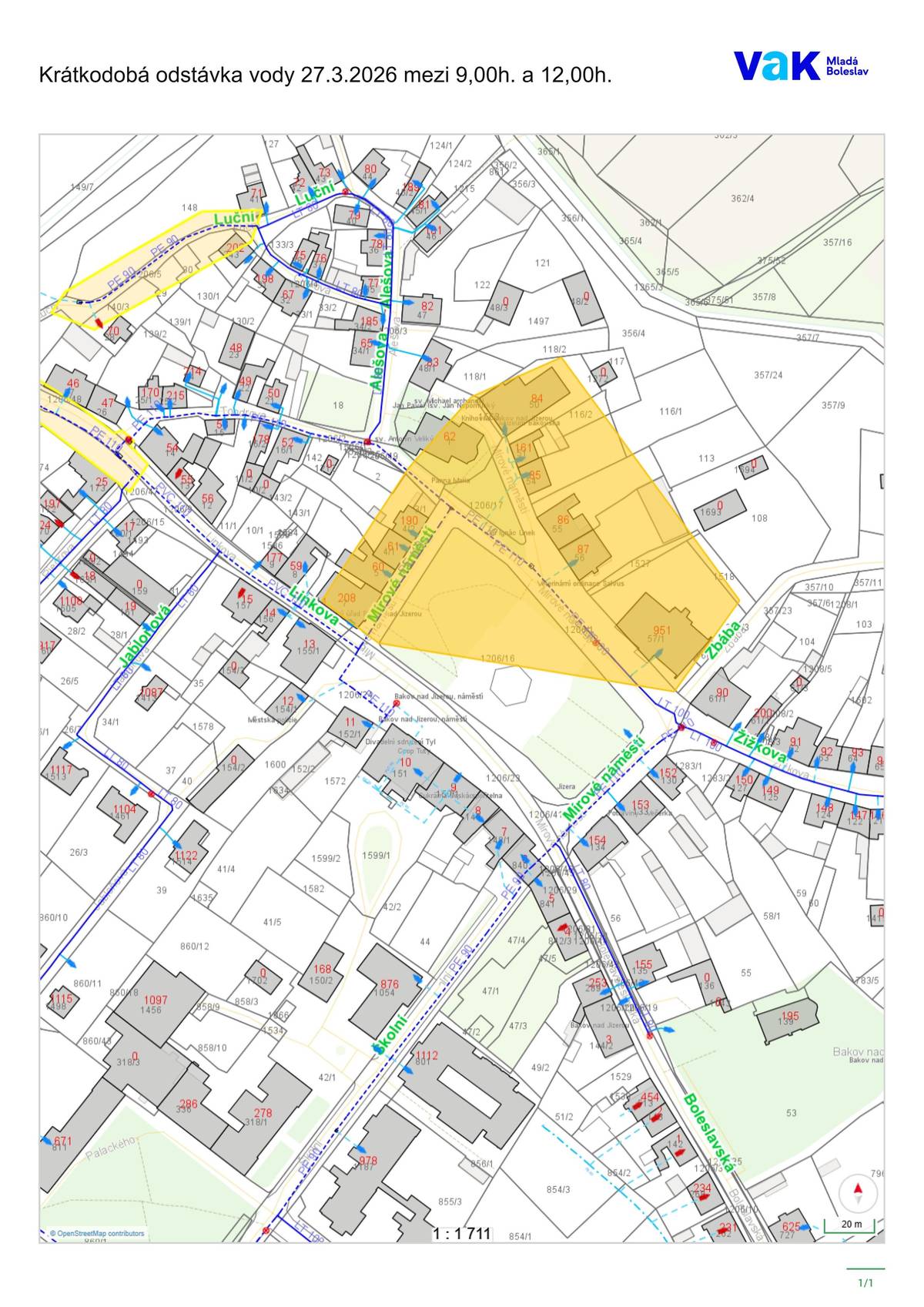 💧 Krátkodobá odstávka vody 💧 Společnost VaK Mladá Boleslav oznamuje, že v pátek 27. 3. 2026 dojde ke krátkodobému přerušení dodávky pitné vody. 🕘 Čas odstávky: 9:00–12:00 📍 Lokalita: oblast vyznačená na mapě (Mírové náměstí a okolí) Důvodem je oprava přípojek. 🙏 Děkujeme za pochopení a omlouváme se za případné komplikace.