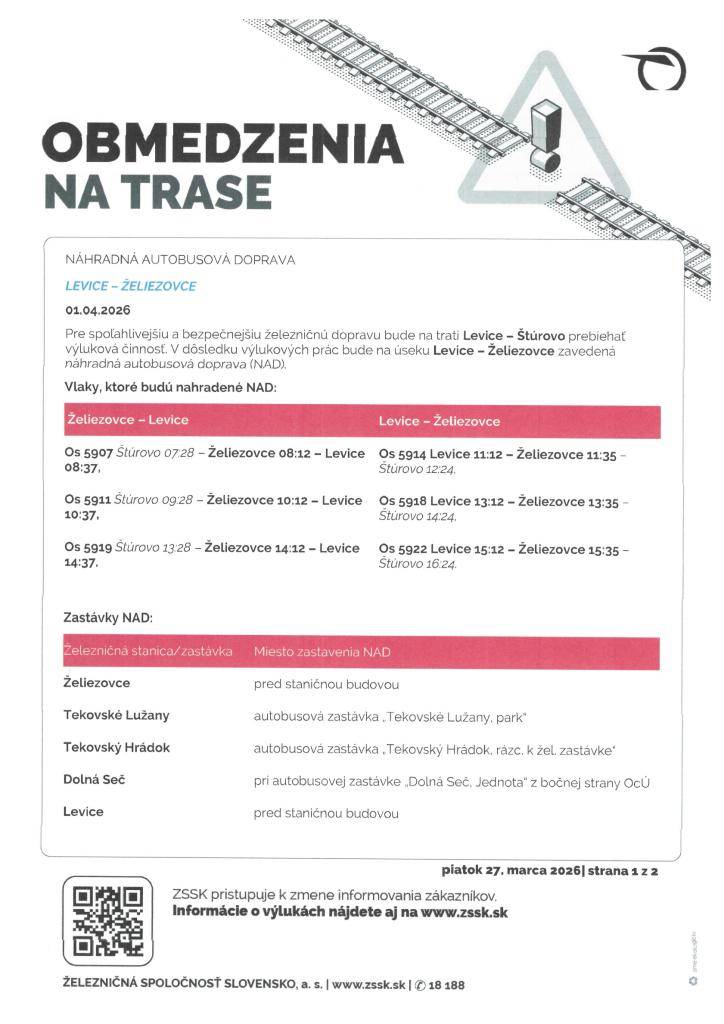 V dôsledku výlukových prác bude na úseku Levice - Želiezovce zavedená náhradná autobusová doprava (NAD)