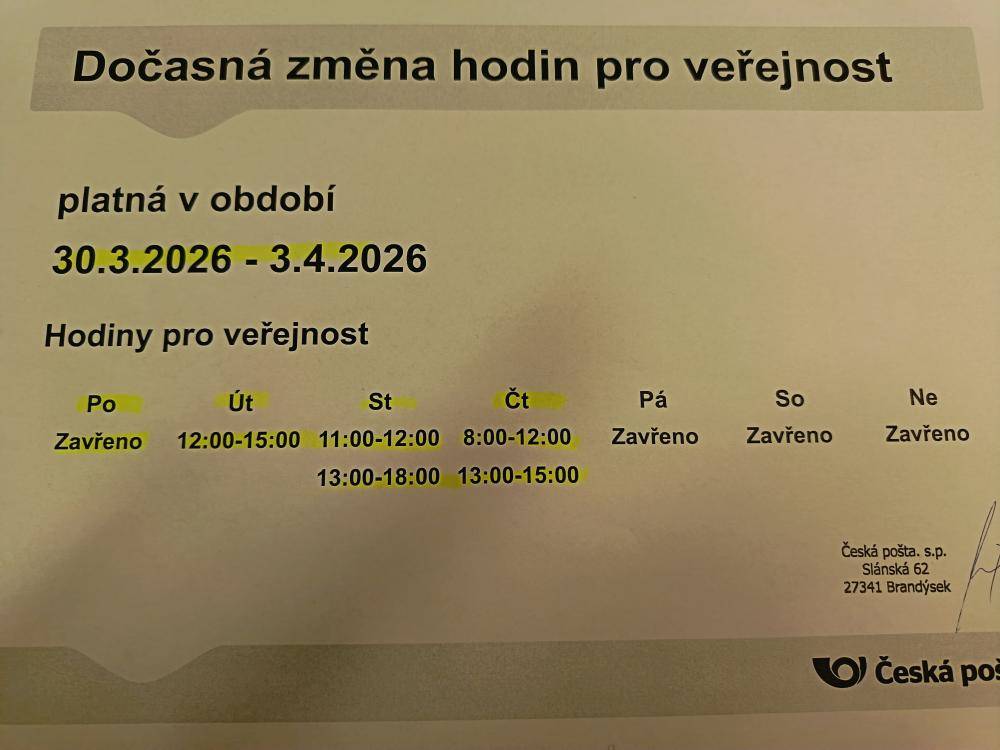 Pošta Brandýsek - dočasná změna úředních hodin 30.03.2026 - 03.04.2026