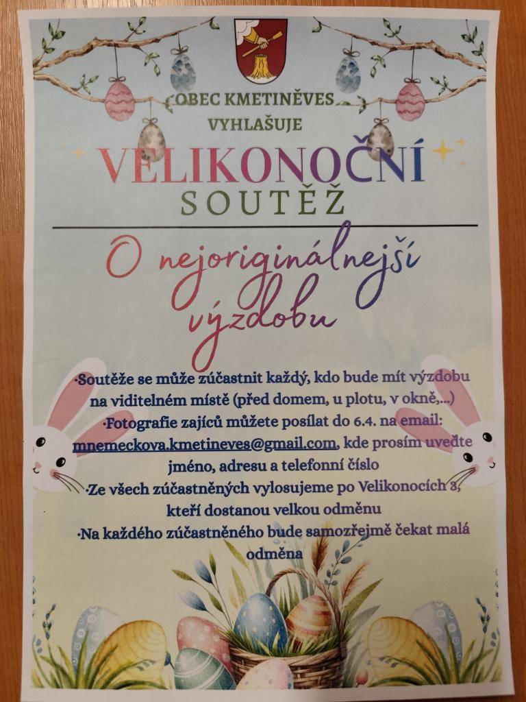 Zapojte se i letos do velikonoční soutěže ,,O nejoriginálnější velikonoční výzdobu". Své ukázky posílejte na email viz plakátek. Těšíme se :)