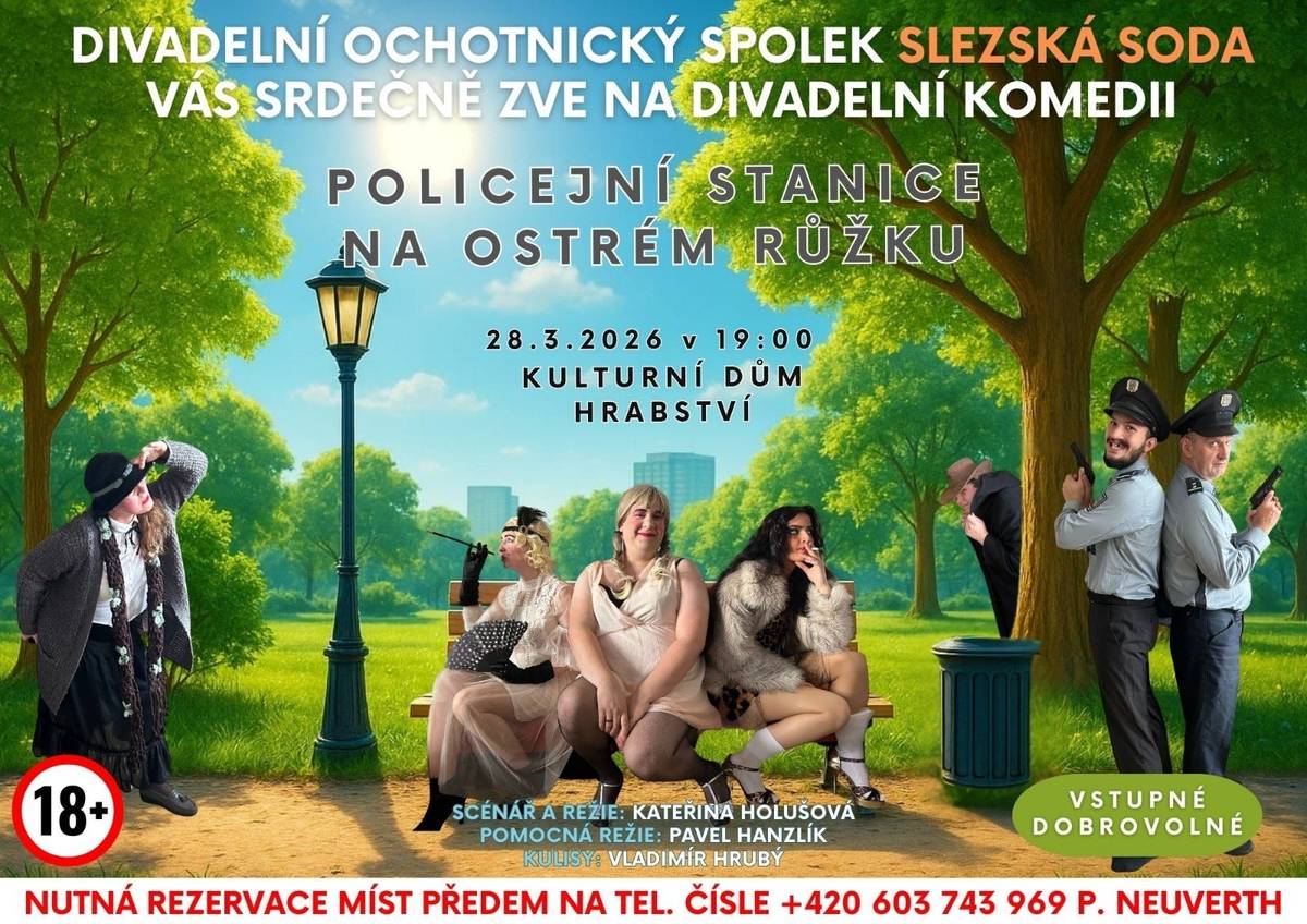 Potvrzujeme konání divadelního představení v SOBOTU  od 19:00 v Kulturním domě Hrabství -  POLICEJNÍ STANICE NA OSTRÉM RŮŽKU v podání divadelního souboru Slezská soda. Zároveň se omlouváme za omylem zaslánou špatnou informaci, že se divadlo koná v neděli. Přejeme příjemný sobotní večer. Jsou zváni i diváci, kteří si nerezervovali místo.