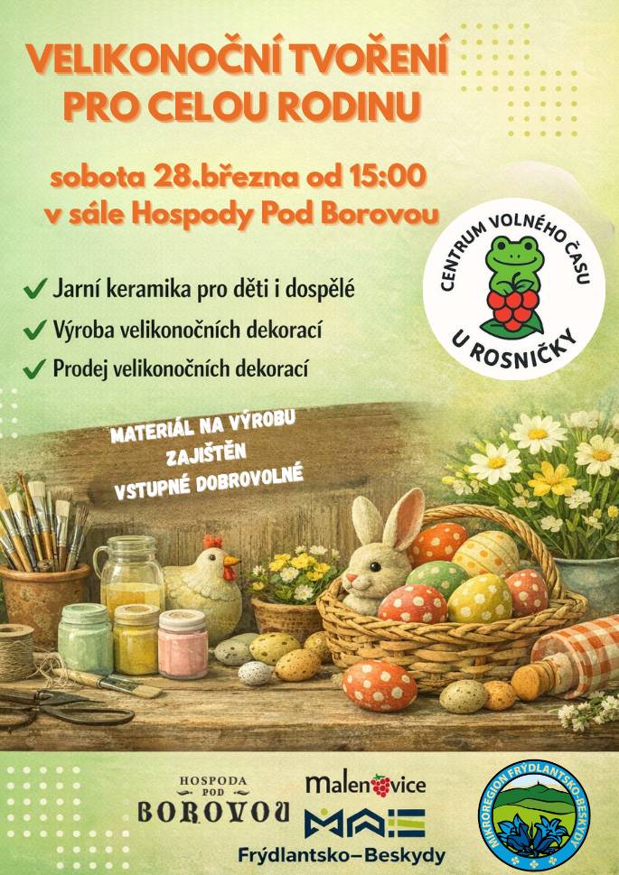 Zveme všechny děti i dospělé na Velikonoční tvoření pro celou rodinu. Již zítra, v sobotu 28. 3. od 15:00 v sále Hospody pod Borovou. Materiál na výrobu zajištěn.
