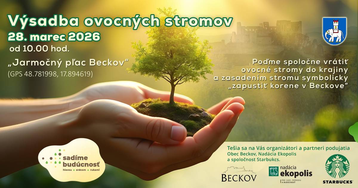 Vážení občania, Obec Beckov v rámci grantového programu Sadíme budúcnosť, organizuje výsadbu ovocných stromov pri chodníku do Klíže. Výsadba sa uskutoční v sobotu 28.marca 2026 od 10.00 hod. so stretnutím účastníkov na "Jarmočnom pľaci". Prosíme prihlásených účastníkov, ktorí sa prihlásili na adopciu stromu, aby si priniesli rýľ a ochranné rukavice a obuli si pevnú nepremokavú obuv.  Stretneme sa o 10.00 hod. na "Jarmočnom pľaci".